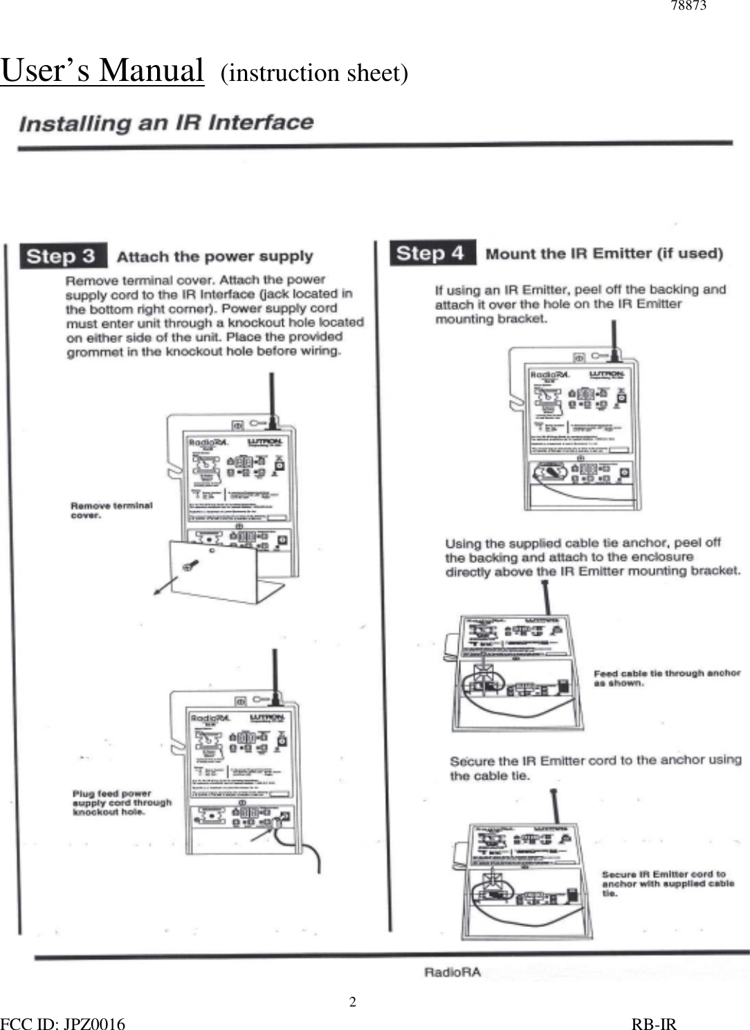 78873FCC ID: JPZ0016                                                                                                                     RB-IR2User’s Manual  (instruction sheet)