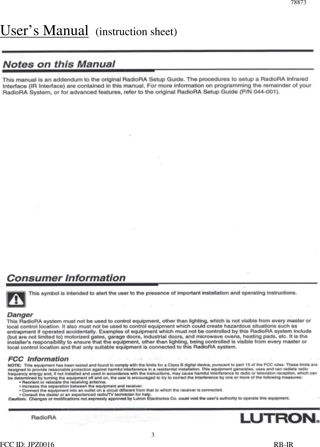 78873FCC ID: JPZ0016                                                                                                                     RB-IR3User’s Manual  (instruction sheet)