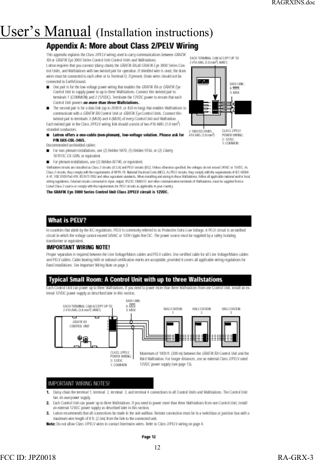 RAGRXINS.docFCC ID: JPZ0018                                                                                                                   RA-GRX-312User’s Manual  (Installation instructions)