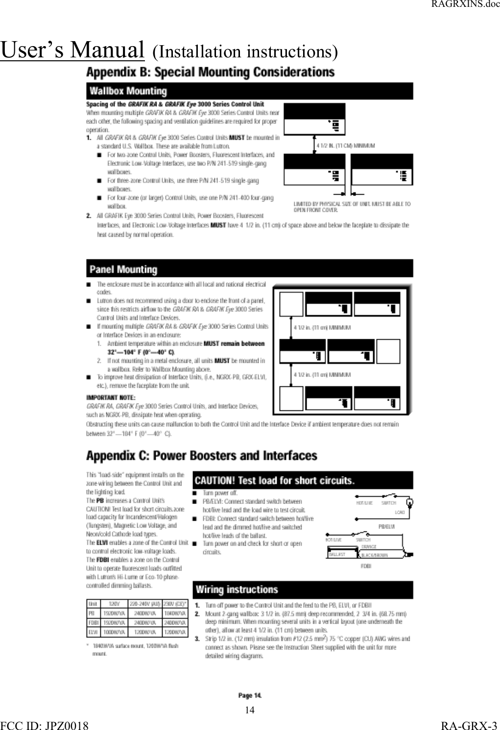 RAGRXINS.docFCC ID: JPZ0018                                                                                                                   RA-GRX-314User’s Manual  (Installation instructions)