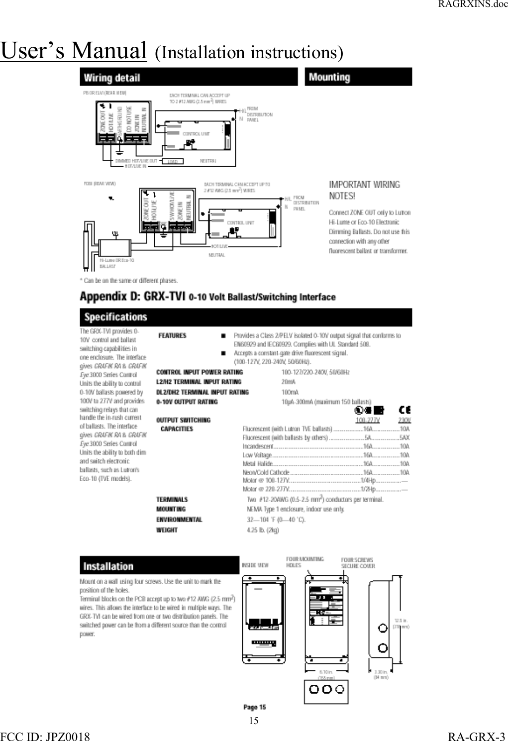 RAGRXINS.docFCC ID: JPZ0018                                                                                                                   RA-GRX-315User’s Manual  (Installation instructions)