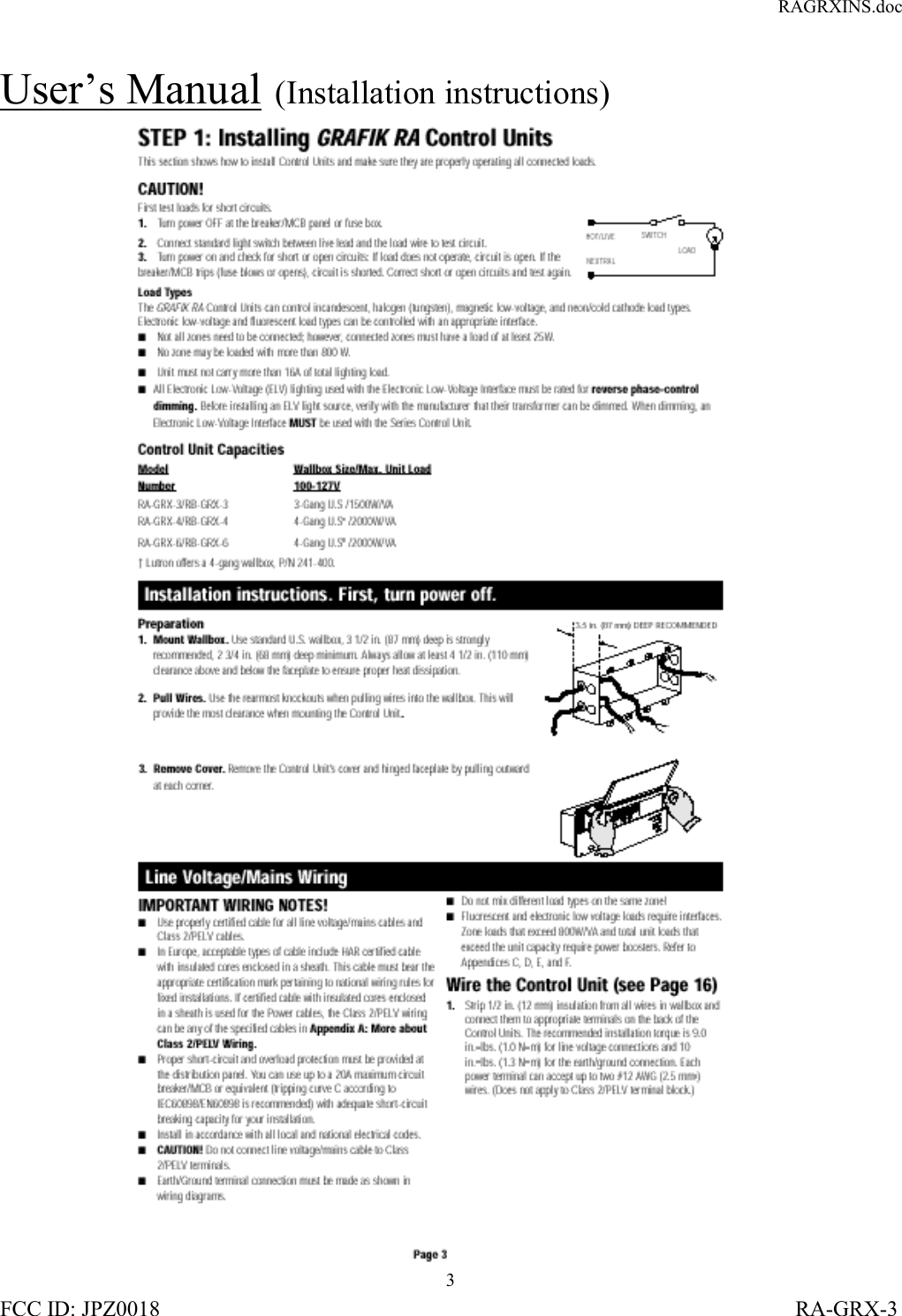 RAGRXINS.docFCC ID: JPZ0018                                                                                                                   RA-GRX-33User’s Manual  (Installation instructions)