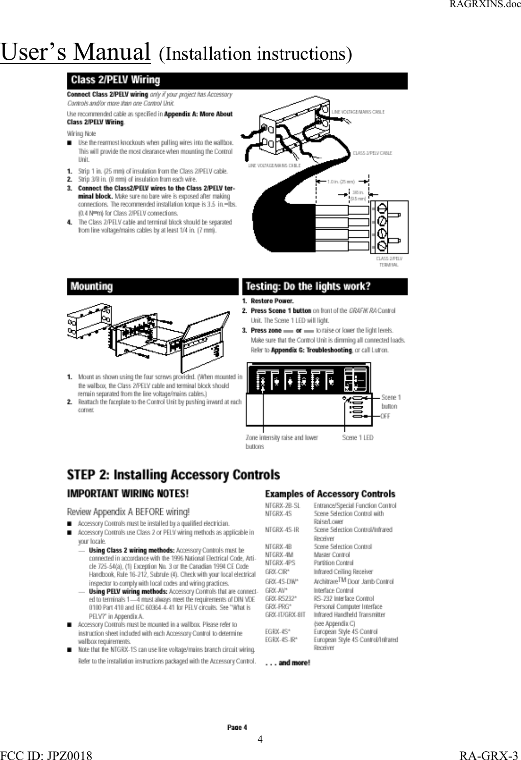 RAGRXINS.docFCC ID: JPZ0018                                                                                                                   RA-GRX-34User’s Manual  (Installation instructions)
