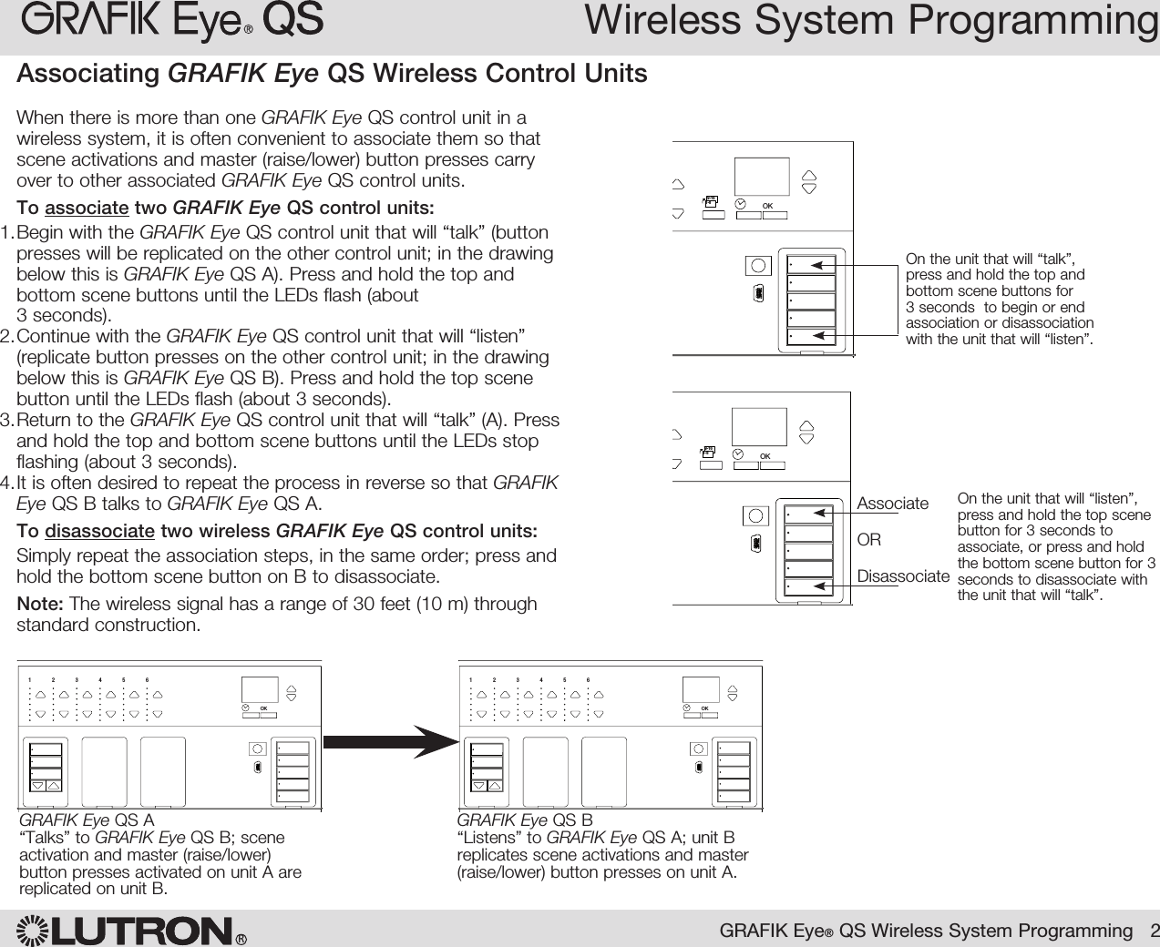 Wireless System ProgrammingRGRAFIK Eye® QS Wireless System Programming   2OK1 2 3 4 5 6OK1 2 3 4 5 6GRAFIK Eye QS A“Talks” to GRAFIK Eye QS B; scene activation and master (raise/lower) button presses activated on unit A are replicated on unit B.GRAFIK Eye QS B“Listens” to GRAFIK Eye QS A; unit B replicates scene activations and master (raise/lower) button presses on unit A.When there is more than one GRAFIK Eye QS control unit in a wireless system, it is often convenient to associate them so that scene activations and master (raise/lower) button presses carry over to other associated GRAFIK Eye QS control units.To associate two GRAFIK Eye QS control units:1. Begin with the GRAFIK Eye QS control unit that will “talk” (button presses will be replicated on the other control unit; in the drawing below this is GRAFIK Eye QS A). Press and hold the top and bottom scene buttons until the LEDs flash (about  3 seconds).2. Continue with the GRAFIK Eye QS control unit that will “listen” (replicate button presses on the other control unit; in the drawing below this is GRAFIK Eye QS B). Press and hold the top scene button until the LEDs flash (about 3 seconds).3. Return to the GRAFIK Eye QS control unit that will “talk” (A). Press and hold the top and bottom scene buttons until the LEDs stop flashing (about 3 seconds).4. It is often desired to repeat the process in reverse so that GRAFIK Eye QS B talks to GRAFIK Eye QS A.To disassociate two wireless GRAFIK Eye QS control units:Simply repeat the association steps, in the same order; press and hold the bottom scene button on B to disassociate.Note: The wireless signal has a range of 30 feet (10 m) through standard construction.Associating GRAFIK Eye QS Wireless Control UnitsOK1 2 34569 10 11 12 13 14 7815 169-161-8On the unit that will “talk”, press and hold the top and bottom scene buttons for 3 seconds  to begin or end association or disassociation with the unit that will “listen”.OK1 2 34569 10 11 12 13 14 7815 169-161-8On the unit that will “listen”, press and hold the top scene button for 3 seconds to associate, or press and hold the bottom scene button for 3 seconds to disassociate with the unit that will “talk”.AssociateORDisassociate