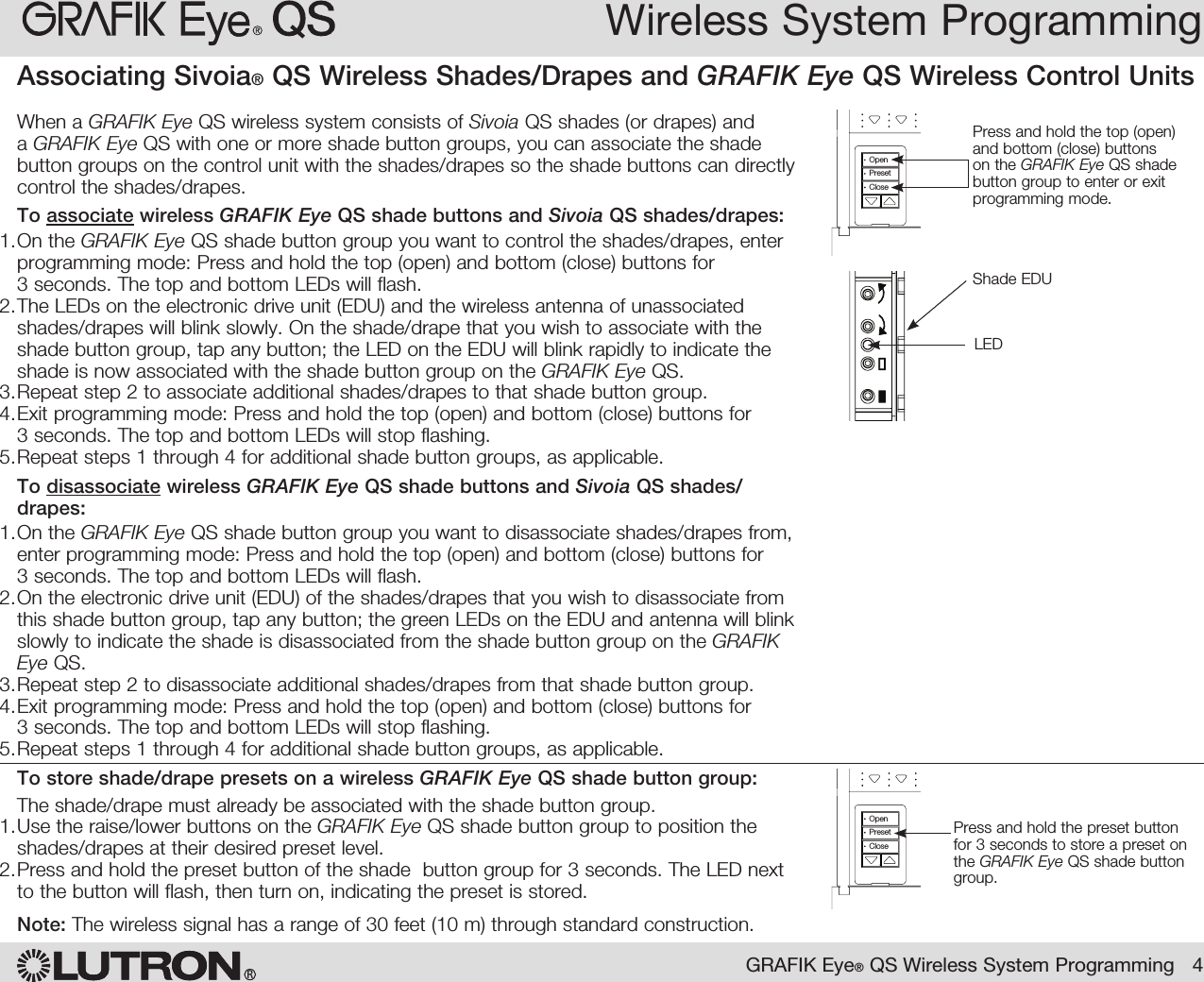 Wireless System ProgrammingRGRAFIK Eye® QS Wireless System Programming   4When a GRAFIK Eye QS wireless system consists of Sivoia QS shades (or drapes) and a GRAFIK Eye QS with one or more shade button groups, you can associate the shade button groups on the control unit with the shades/drapes so the shade buttons can directly control the shades/drapes.To associate wireless GRAFIK Eye QS shade buttons and Sivoia QS shades/drapes:1. On the GRAFIK Eye QS shade button group you want to control the shades/drapes, enter programming mode: Press and hold the top (open) and bottom (close) buttons for  3 seconds. The top and bottom LEDs will flash.2. The LEDs on the electronic drive unit (EDU) and the wireless antenna of unassociated shades/drapes will blink slowly. On the shade/drape that you wish to associate with the shade button group, tap any button; the LED on the EDU will blink rapidly to indicate the shade is now associated with the shade button group on the GRAFIK Eye QS.3. Repeat step 2 to associate additional shades/drapes to that shade button group.4. Exit programming mode: Press and hold the top (open) and bottom (close) buttons for  3 seconds. The top and bottom LEDs will stop flashing.5. Repeat steps 1 through 4 for additional shade button groups, as applicable.To disassociate wireless GRAFIK Eye QS shade buttons and Sivoia QS shades/drapes:1. On the GRAFIK Eye QS shade button group you want to disassociate shades/drapes from, enter programming mode: Press and hold the top (open) and bottom (close) buttons for  3 seconds. The top and bottom LEDs will flash.2. On the electronic drive unit (EDU) of the shades/drapes that you wish to disassociate from this shade button group, tap any button; the green LEDs on the EDU and antenna will blink slowly to indicate the shade is disassociated from the shade button group on the GRAFIK Eye QS.3. Repeat step 2 to disassociate additional shades/drapes from that shade button group.4. Exit programming mode: Press and hold the top (open) and bottom (close) buttons for  3 seconds. The top and bottom LEDs will stop flashing.5. Repeat steps 1 through 4 for additional shade button groups, as applicable.To store shade/drape presets on a wireless GRAFIK Eye QS shade button group:The shade/drape must already be associated with the shade button group.1. Use the raise/lower buttons on the GRAFIK Eye QS shade button group to position the shades/drapes at their desired preset level.2. Press and hold the preset button of the shade  button group for 3 seconds. The LED next to the button will flash, then turn on, indicating the preset is stored.Note: The wireless signal has a range of 30 feet (10 m) through standard construction.Associating Sivoia® QS Wireless Shades/Drapes and GRAFIK Eye QS Wireless Control Units Press and hold the top (open) and bottom (close) buttons on the GRAFIK Eye QS shade button group to enter or exit programming mode.OK1 2 3 4 5 6OpenPresetClosePress and hold the preset button for 3 seconds to store a preset on the GRAFIK Eye QS shade button group.OK1 2 3 4 5 6OpenPresetCloseShade EDULED