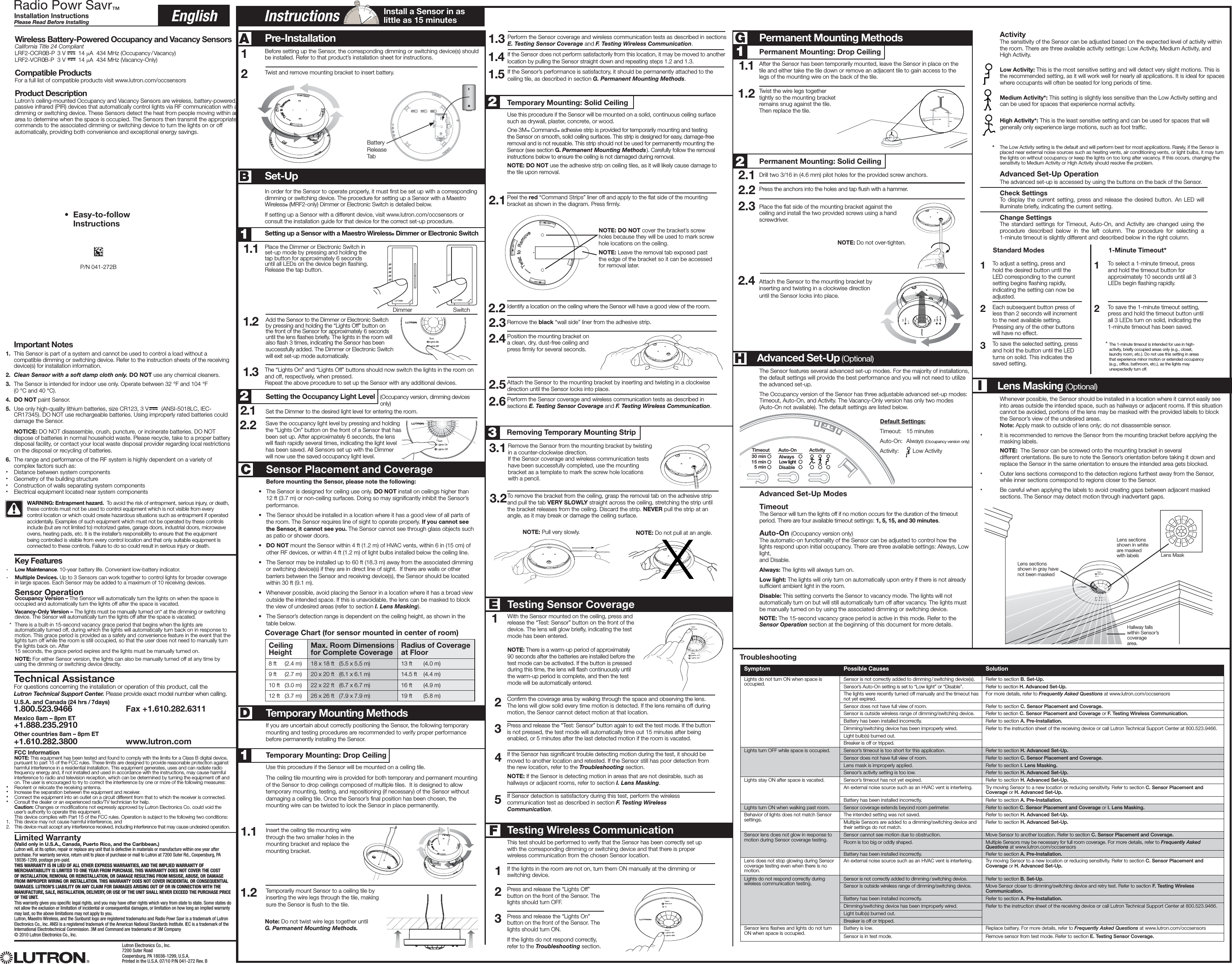 Lutron Electronics 0079 Occupancy/Vacancy Sensor User Manual 041272b indd