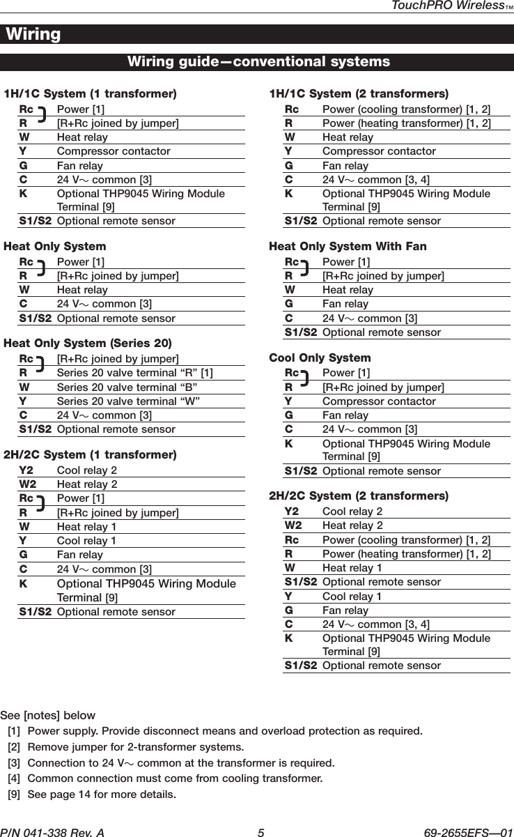 TouchPRO Wireless™ P/N 041-338 Rev. A  5  69-2655EFS—011H/1C System (1 transformer)Rc  Power [1]R  [R+Rcjoinedbyjumper]W  Heat relayY  Compressor contactorG  Fan relayC  24V  common [3]K  OptionalTHP9045WiringModuleTerminal [9]S1/S2  Optional remote sensorHeat Only SystemRc  Power [1]R  [R+Rcjoinedbyjumper]W  Heat relayC  24V  common [3]S1/S2  Optional remote sensorHeat Only System (Series 20)Rc  [R+Rcjoinedbyjumper]R  Series 20 valve terminal “R” [1]W  Series20valveterminal“B”Y  Series20valveterminal“W”C  24V  common [3]S1/S2  Optional remote sensor2H/2C System (1 transformer)Y2  Cool relay 2W2  Heat relay 2Rc  Power [1]R  [R+Rcjoinedbyjumper]W  Heat relay 1Y  Cool relay 1G  Fan relayC  24V  common [3]K  OptionalTHP9045WiringModuleTerminal [9]S1/S2  Optional remote sensor1H/1C System (2 transformers)Rc  Power(coolingtransformer)[1,2]R  Power(heatingtransformer)[1,2]W  Heat relayY  Compressor contactorG  Fan relayC  24V common[3,4]K  OptionalTHP9045WiringModuleTerminal [9]S1/S2  Optional remote sensorHeat Only System With FanRc  Power [1]R  [R+Rcjoinedbyjumper]W  Heat relayG  Fan relayC  24V  common [3]S1/S2  Optional remote sensorCool Only SystemRc  Power [1]R  [R+Rcjoinedbyjumper]Y  Compressor contactorG  Fan relayC  24V  common [3]K  OptionalTHP9045WiringModuleTerminal [9]S1/S2  Optional remote sensor2H/2C System (2 transformers)Y2  Cool relay 2W2  Heat relay 2Rc  Power(coolingtransformer)[1,2]R  Power(heatingtransformer)[1,2]W  Heat relay 1S1/S2  Optional remote sensorY  Cool relay 1G  Fan relayC  24V common[3,4]K  OptionalTHP9045WiringModuleTerminal [9]S1/S2  Optional remote sensorWiring guide—conventional systemsWiringSee [notes] below  [1]  Power supply. Provide disconnect means and overload protection as required.  [2]  Remove jumper for 2-transformer systems.  [3]  Connection to 24 V common at the transformer is required.  [4]  Common connection must come from cooling transformer.  [9]  See page 14 for more details.