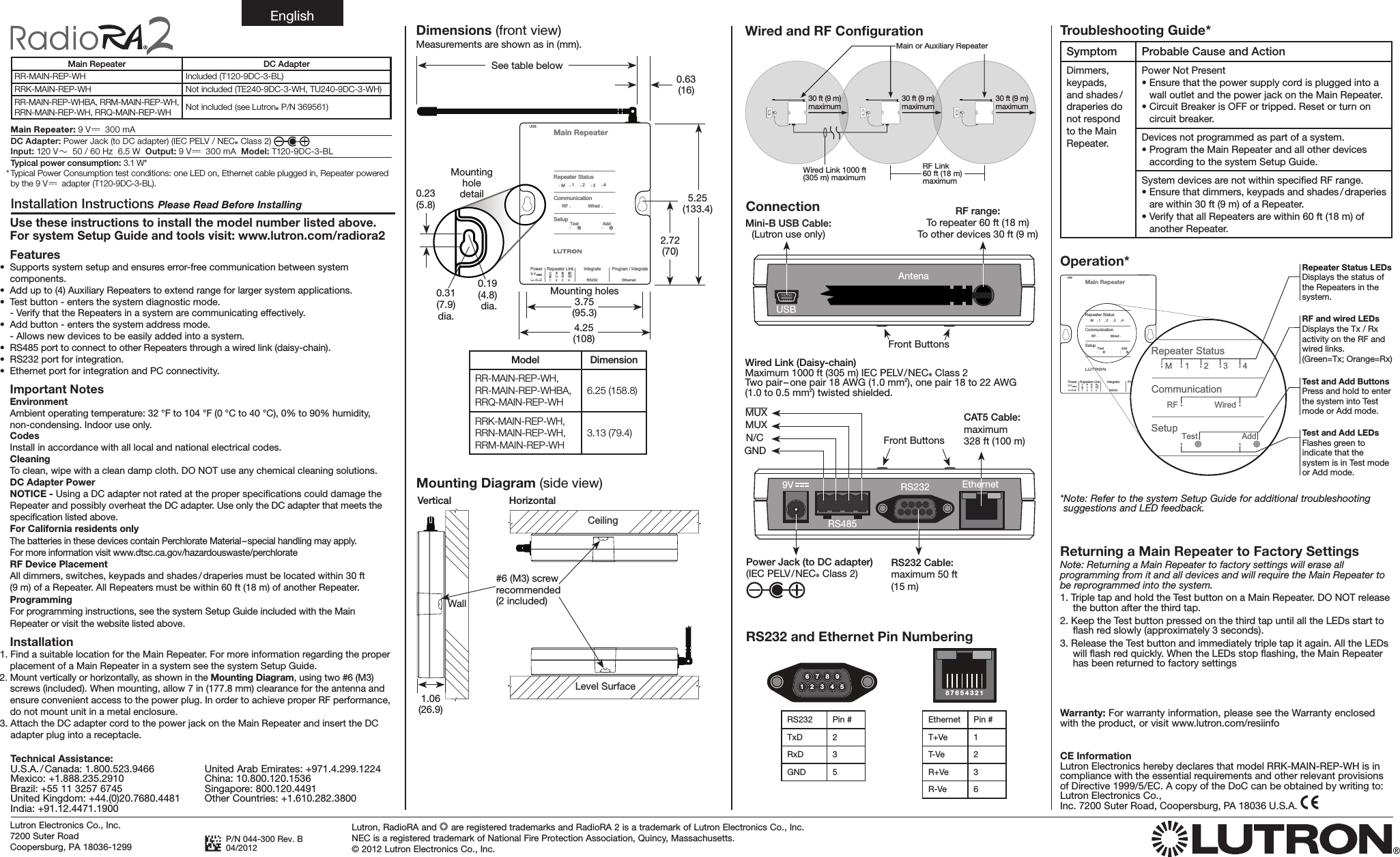 Page 1 of Lutron Electronics 0103 Radio Ra Main Repeater User Manual 044300b   RadioRA 2 Main Repeater Install