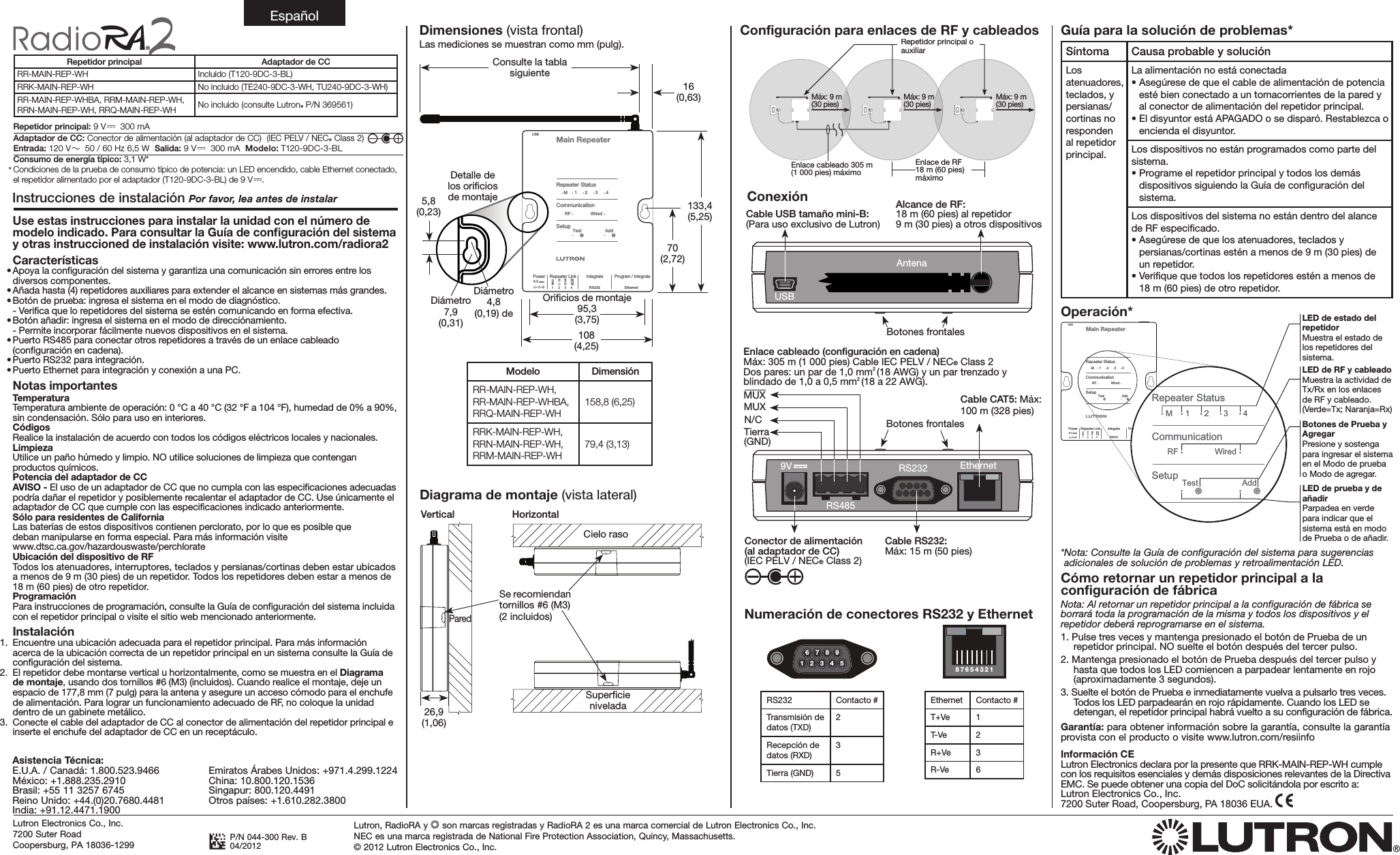 Page 2 of Lutron Electronics 0103 Radio Ra Main Repeater User Manual 044300b   RadioRA 2 Main Repeater Install