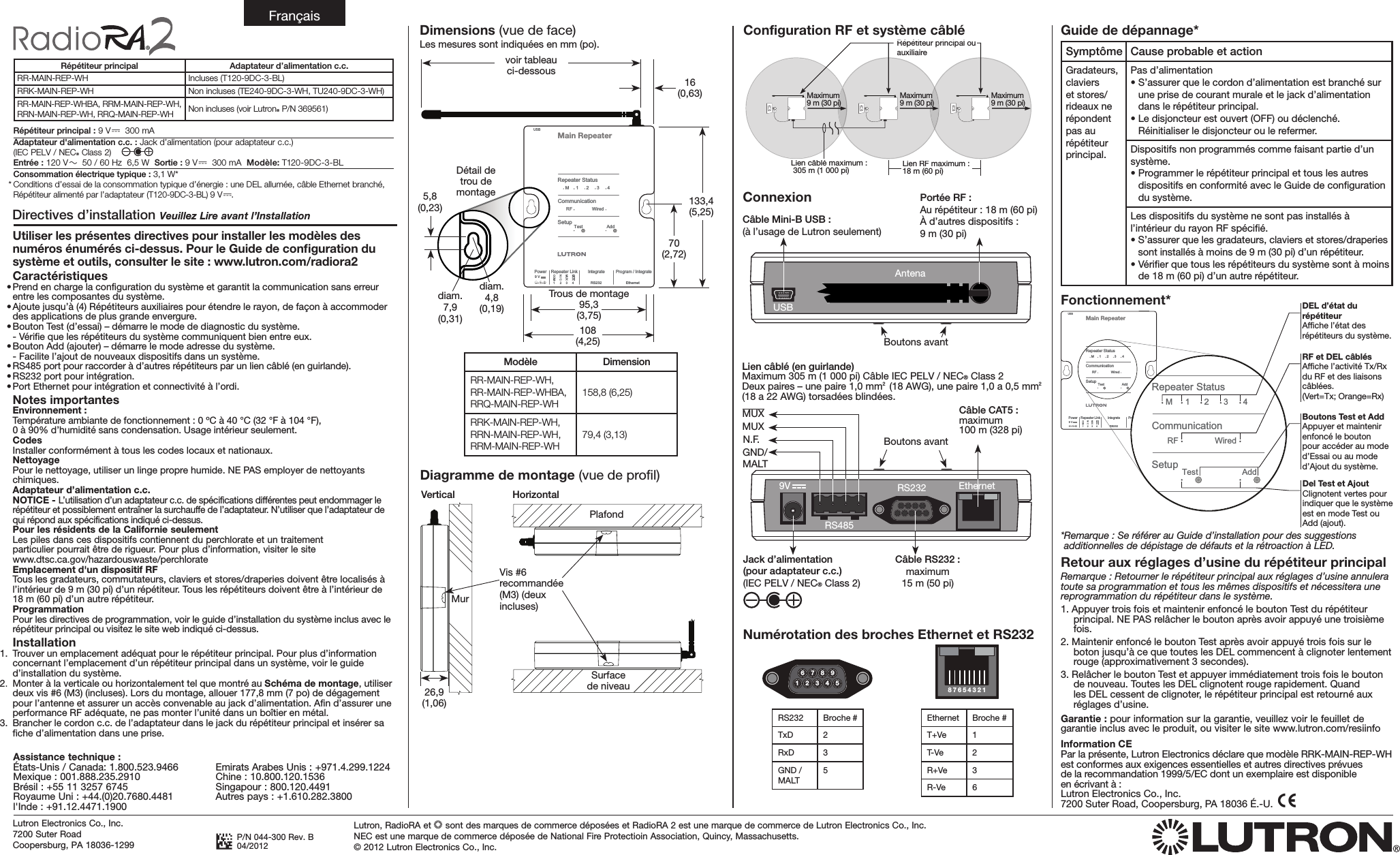 Page 3 of Lutron Electronics 0103 Radio Ra Main Repeater User Manual 044300b   RadioRA 2 Main Repeater Install