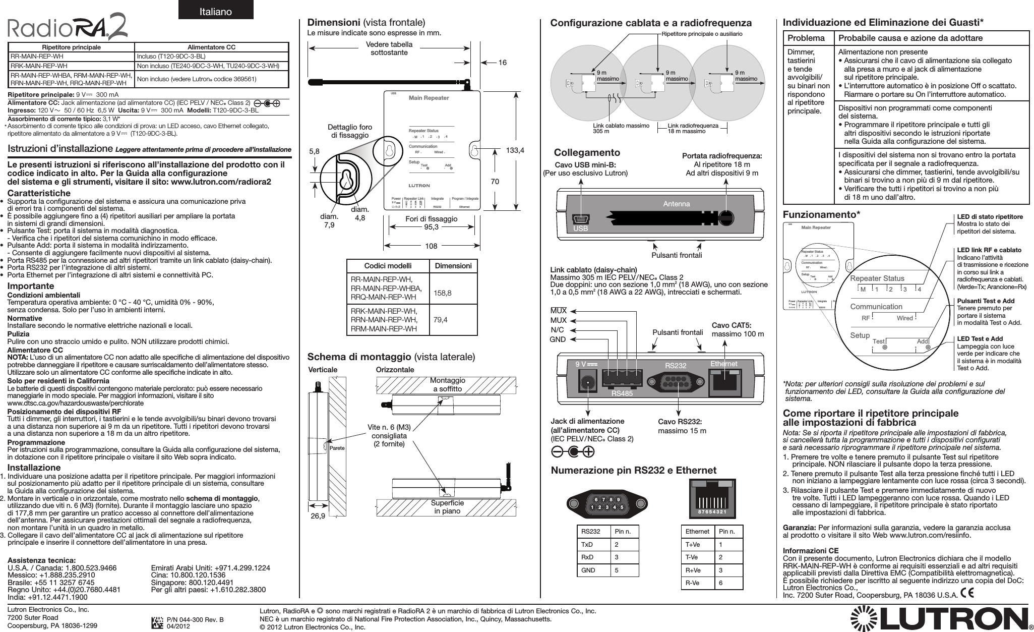 Page 6 of Lutron Electronics 0103 Radio Ra Main Repeater User Manual 044300b   RadioRA 2 Main Repeater Install