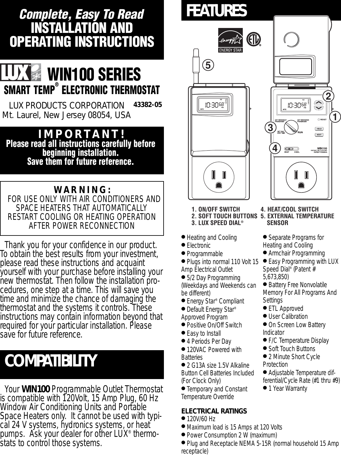 Page 1 of 6 - Lux-Products Lux-Products-Win100-Instruction-Manual- Lux-products-win100-instruction-manual