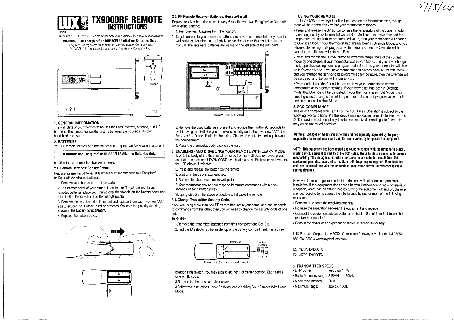 Lux TX9000TX Thermostat with RF (Transmitter) User Manual