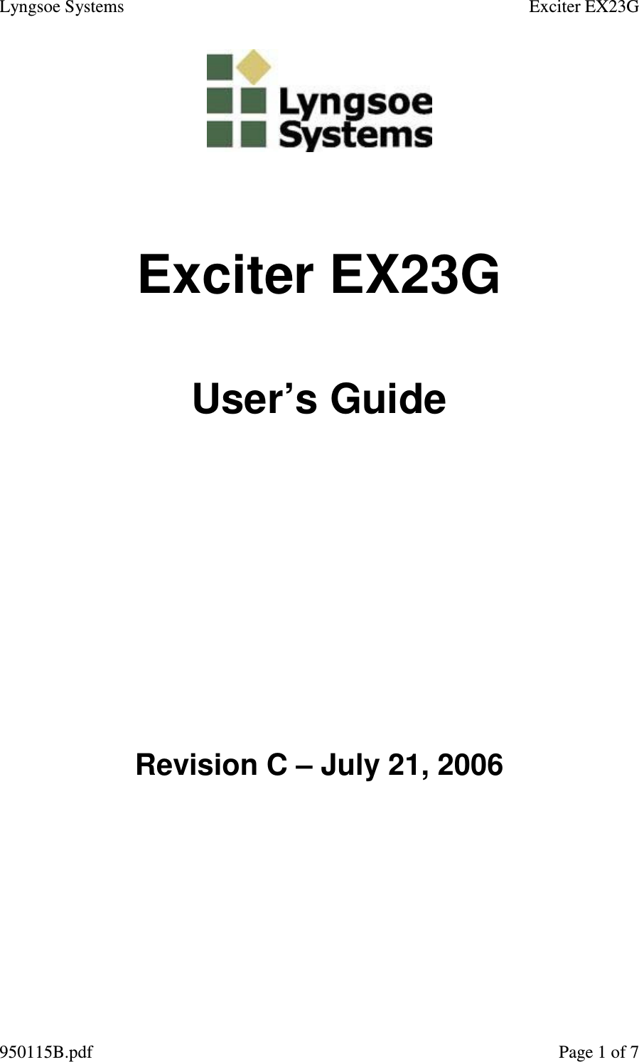 Lyngsoe Systems    Exciter EX23G 950115B.pdf    Page 1 of 7  Exciter EX23G  User’s Guide   Revision C – July 21, 2006  