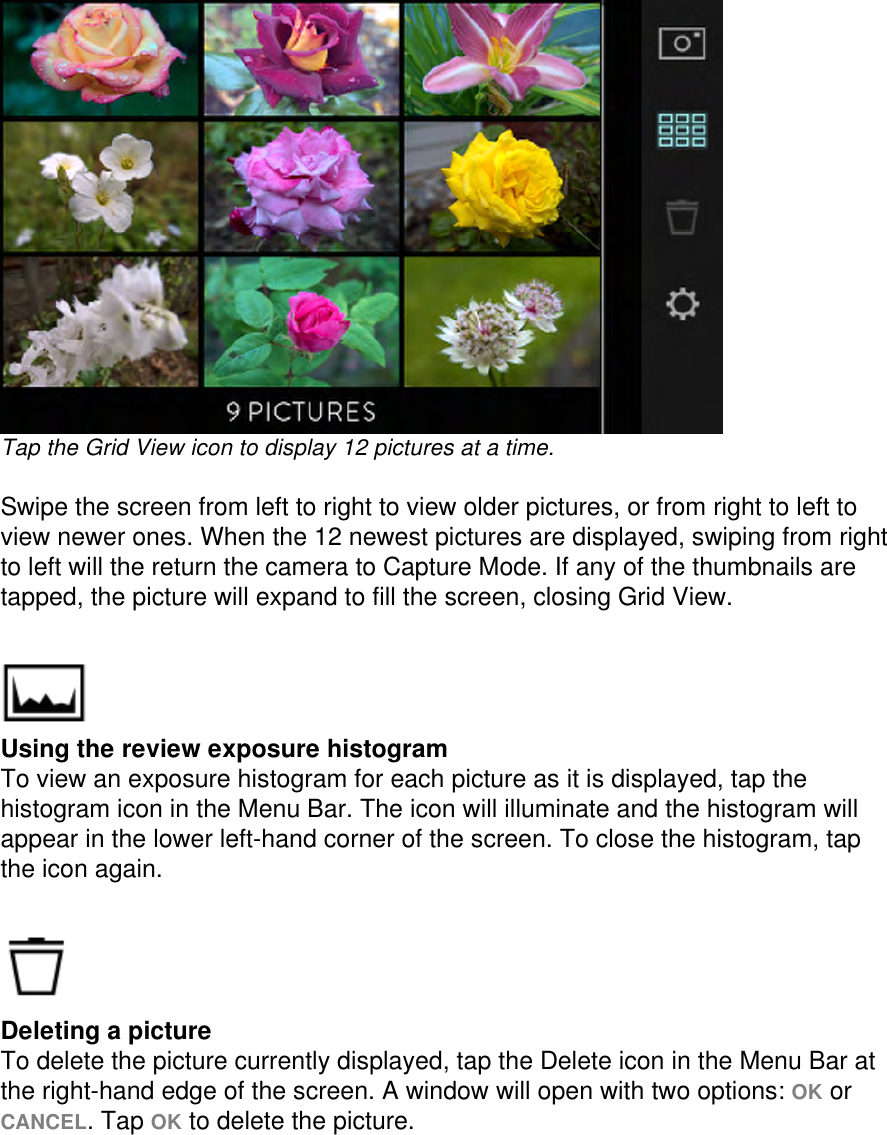    Tap the Grid View icon to display 12 pictures at a time.  Swipe the screen from left to right to view older pictures, or from right to left to view newer ones. When the 12 newest pictures are displayed, swiping from right to left will the return the camera to Capture Mode. If any of the thumbnails are tapped, the picture will expand to fill the screen, closing Grid View.     Using the review exposure histogram To view an exposure histogram for each picture as it is displayed, tap the histogram icon in the Menu Bar. The icon will illuminate and the histogram will appear in the lower left-hand corner of the screen. To close the histogram, tap the icon again.     Deleting a picture To delete the picture currently displayed, tap the Delete icon in the Menu Bar at the right-hand edge of the screen. A window will open with two options: OK or CANCEL. Tap OK to delete the picture.    