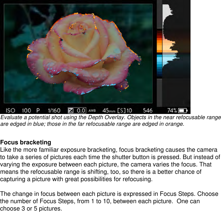  Evaluate a potential shot using the Depth Overlay. Objects in the near refocusable range are edged in blue; those in the far refocusable range are edged in orange.   Focus bracketing Like the more familiar exposure bracketing, focus bracketing causes the camera to take a series of pictures each time the shutter button is pressed. But instead of varying the exposure between each picture, the camera varies the focus. That means the refocusable range is shifting, too, so there is a better chance of capturing a picture with great possibilities for refocusing.     The change in focus between each picture is expressed in Focus Steps. Choose the number of Focus Steps, from 1 to 10, between each picture.  One can choose 3 or 5 pictures. 