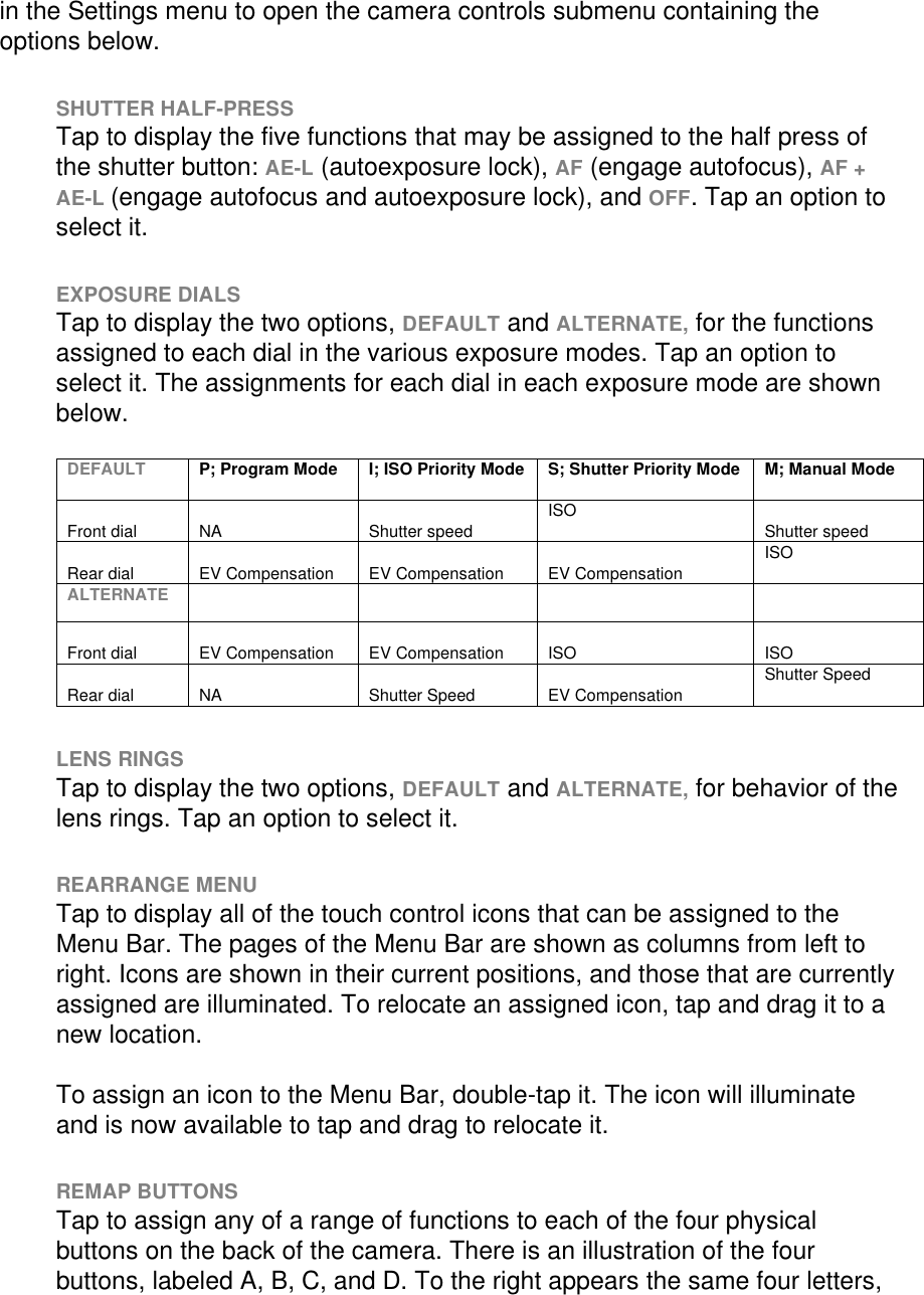 in the Settings menu to open the camera controls submenu containing the options below.   SHUTTER HALF-PRESS Tap to display the five functions that may be assigned to the half press of the shutter button: AE-L (autoexposure lock), AF (engage autofocus), AF + AE-L (engage autofocus and autoexposure lock), and OFF. Tap an option to select it.  EXPOSURE DIALS Tap to display the two options, DEFAULT and ALTERNATE, for the functions assigned to each dial in the various exposure modes. Tap an option to select it. The assignments for each dial in each exposure mode are shown below.    DEFAULT P; Program Mode  I; ISO Priority Mode S; Shutter Priority Mode M; Manual Mode Front dial NA Shutter speed ISO Shutter speed Rear dial EV Compensation EV Compensation EV Compensation ISO ALTERNATE     Front dial EV Compensation EV Compensation ISO ISO Rear dial NA Shutter Speed EV Compensation Shutter Speed  LENS RINGS Tap to display the two options, DEFAULT and ALTERNATE, for behavior of the lens rings. Tap an option to select it.  REARRANGE MENU Tap to display all of the touch control icons that can be assigned to the Menu Bar. The pages of the Menu Bar are shown as columns from left to right. Icons are shown in their current positions, and those that are currently assigned are illuminated. To relocate an assigned icon, tap and drag it to a new location.   To assign an icon to the Menu Bar, double-tap it. The icon will illuminate and is now available to tap and drag to relocate it.  REMAP BUTTONS Tap to assign any of a range of functions to each of the four physical buttons on the back of the camera. There is an illustration of the four buttons, labeled A, B, C, and D. To the right appears the same four letters, 