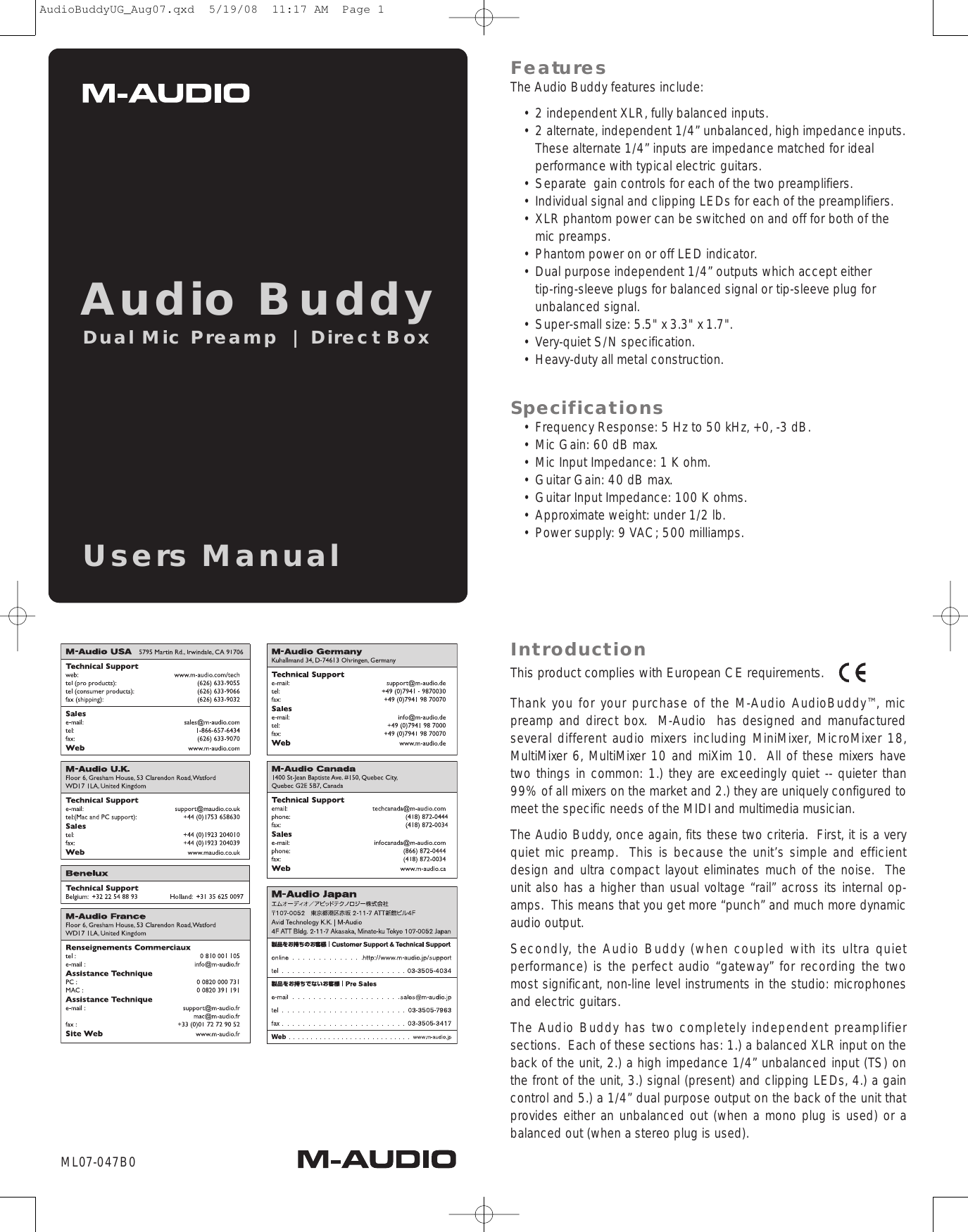 Page 1 of 8 - M-Audio M-Audio-Audio-Buddy-Dual-Mic-Preamp-Users-Manual- Audio Buddy User Guide  M-audio-audio-buddy-dual-mic-preamp-users-manual
