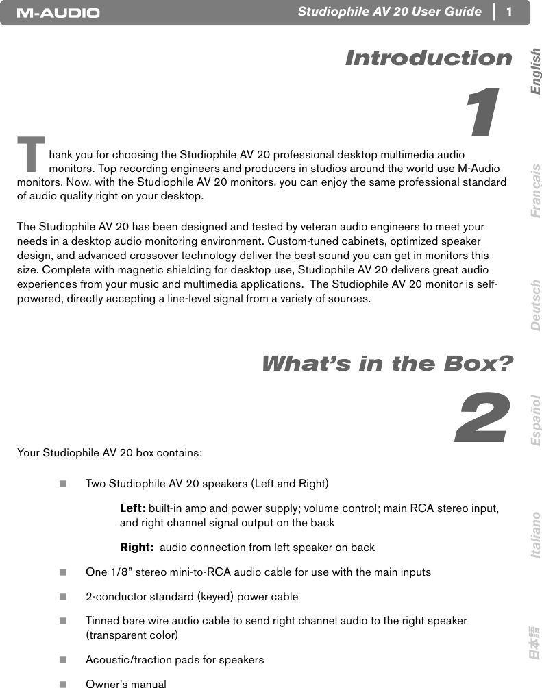 Page 2 of 8 - M-Audio M-Audio-Studiophile-Av20-Users-Manual- User Guide | Studiophile AV 20  M-audio-studiophile-av20-users-manual