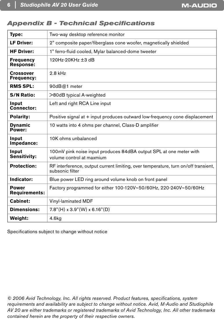 Page 7 of 8 - M-Audio M-Audio-Studiophile-Av20-Users-Manual- User Guide | Studiophile AV 20  M-audio-studiophile-av20-users-manual