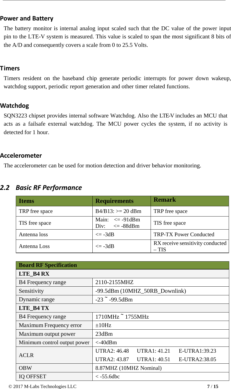 © 2017 M-Labs Technologies LLC 7 / 15      Power and Battery  The battery monitor is internal analog input scaled such that the DC value of the power input pin to the LTE-V system is measured. This value is scaled to span the most significant 8 bits of the A/D and consequently covers a scale from 0 to 25.5 Volts.  Timers Timers resident on  the baseband chip  generate periodic  interrupts for  power down wakeup, watchdog support, periodic report generation and other timer related functions.   Watchdog SQN3223 chipset provides internal software Watchdog. Also the LTE-V includes an MCU that acts as a failsafe external watchdog.  The  MCU  power  cycles the  system,  if  no  activity is detected for 1 hour.  Accelerometer The accelerometer can be used for motion detection and driver behavior monitoring.  2.2    Basic RF Performance  Items Requirements Remark TRP free space B4/B13: &gt;= 20 dBm TRP free space  TIS free space Main:  &lt;= -91dBm Div: &lt;= -88dBm  TIS free space Antenna loss &lt;= -3dB TRP-TX Power Conducted  Antenna Loss  &lt;= -3dB RX receive sensitivity conducted – TIS   Board RF Specification LTE_B4 RX B4 Frequency range 2110-2155MHZ Sensitivity -99.5dBm (10MHZ_50RB_Downlink) Dynamic range -23～-99.5dBm LTE_B4 TX B4 Frequency range 1710MHz～1755MHz Maximum Frequency error ±10Hz Maximum output power 23dBm Minimum control output power &lt;-40dBm  ACLR UTRA2: 46.48 UTRA1: 41.21  E-UTRA1:39.23 UTRA2: 43.87 UTRA1: 40.51  E-UTRA2:38.05 OBW 8.87MHZ (10MHZ Nominal) IQ OFFSET &lt; -55.6dbc 