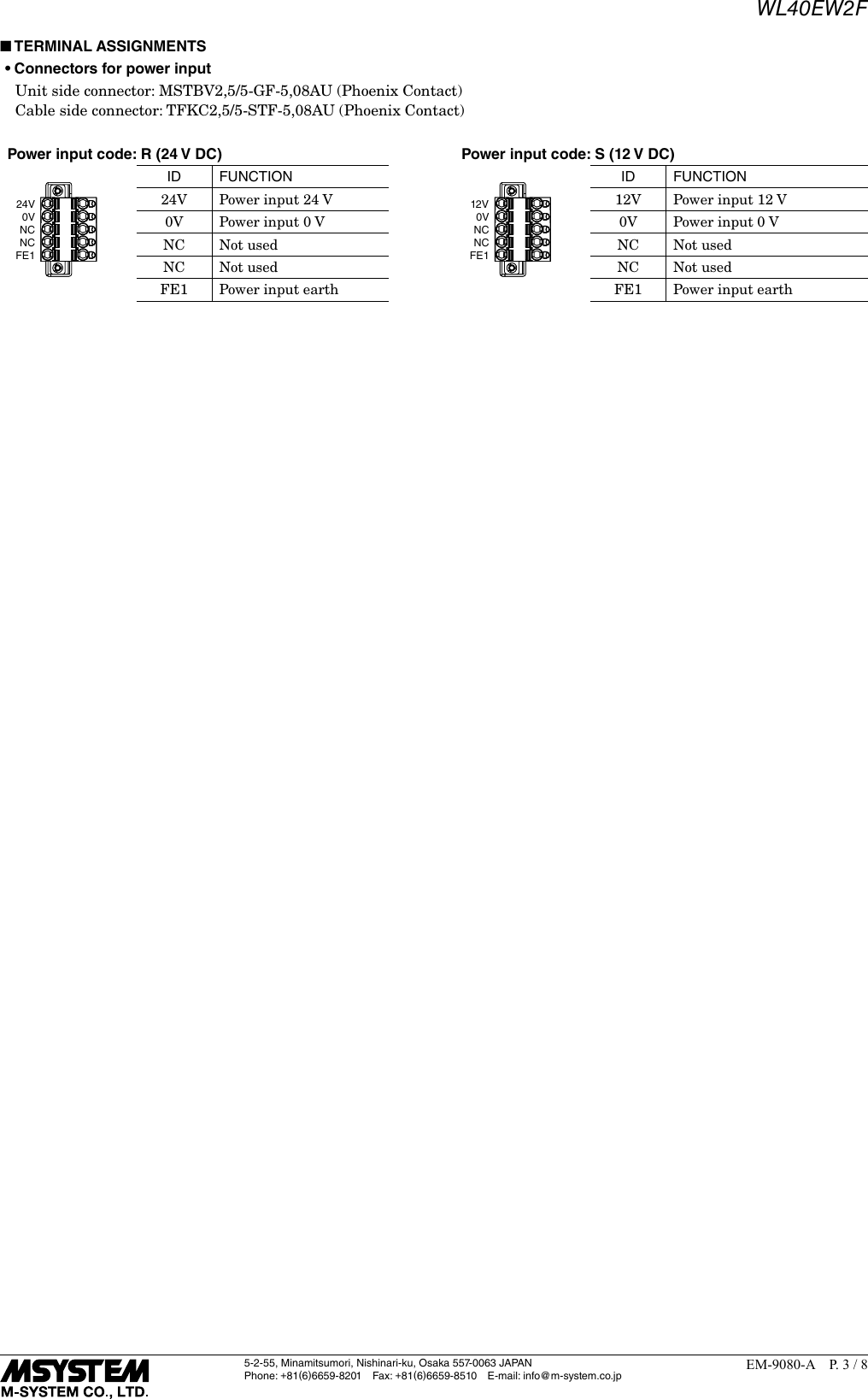 WL40EW2F5-2-55, Minamitsumori, Nishinari-ku, Osaka 557-0063 JAPANPhone: +81(6)6659-8201 Fax: +81(6)6659-8510  E-mail: info@m-system.co.jpEM-9080-A  P. 3 / 8 ■TERMINAL ASSIGNMENTS&bull; Connectors for power input  Unit side connector: MSTBV2,5/5-GF-5,08AU (Phoenix Contact)  Cable side connector: TFKC2,5/5-STF-5,08AU (Phoenix Contact)Power input code: R (24 V DC) Power input code: S (12 V DC)24V0VNCNCFE1ID FUNCTION12V0VNCNCFE1ID FUNCTION24V Power input 24 V 12V Power input 12 V0V Power input 0 V 0V Power input 0 VNC Not used NC Not usedNC Not used NC Not usedFE1 Power input earth FE1 Power input earth