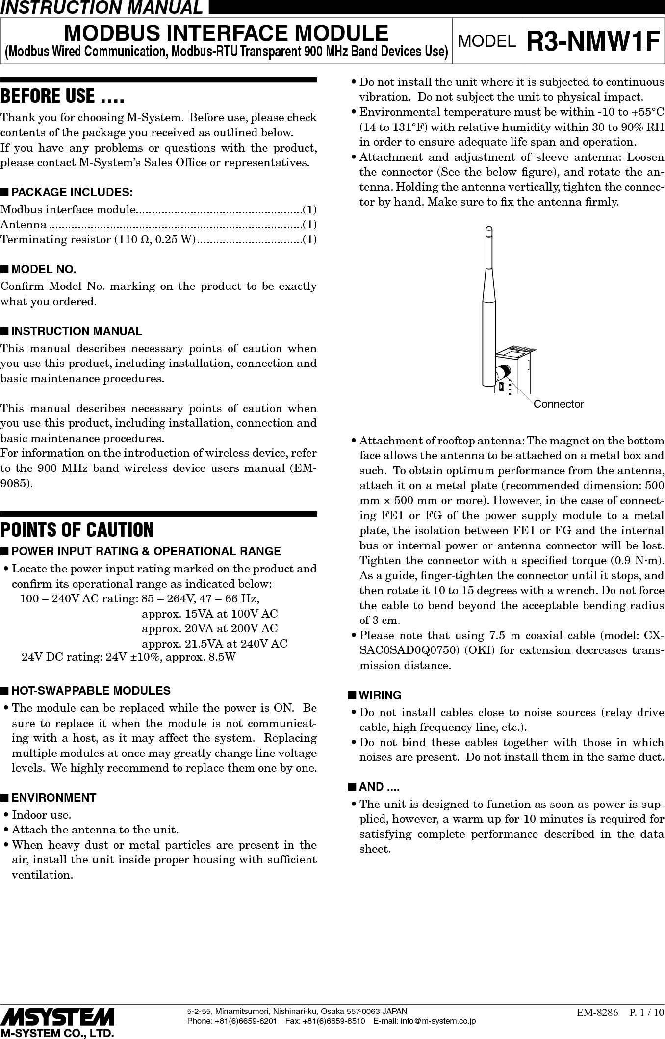 M SYSTEM 0000009 MODBUS INTERFACE MODULE User Manual