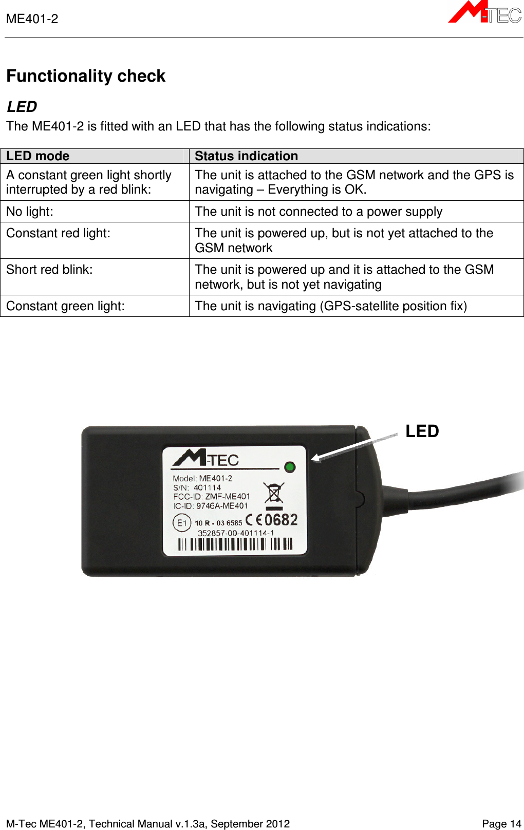 ME401-2       M-Tec ME401-2, Technical Manual v.1.3a, September 2012   Page 14 Functionality check LED The ME401-2 is fitted with an LED that has the following status indications:  LED mode Status indication A constant green light shortly interrupted by a red blink: The unit is attached to the GSM network and the GPS is navigating – Everything is OK. No light:  The unit is not connected to a power supply Constant red light:  The unit is powered up, but is not yet attached to the GSM network Short red blink:  The unit is powered up and it is attached to the GSM network, but is not yet navigating Constant green light:  The unit is navigating (GPS-satellite position fix)     LED 