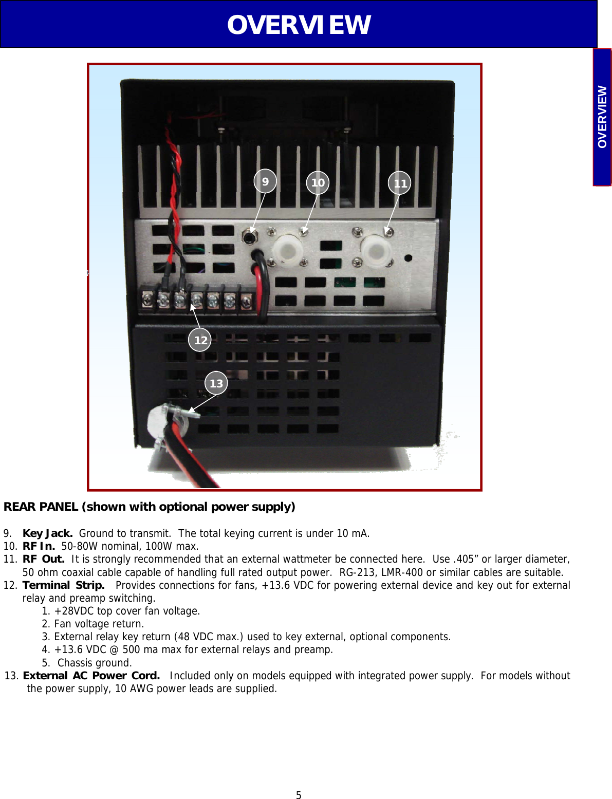  5 OVERVIEW REAR PANEL (shown with optional power supply)  9.  Key Jack.  Ground to transmit.  The total keying current is under 10 mA. 10. RF In.  50-80W nominal, 100W max. 11. RF Out.  It is strongly recommended that an external wattmeter be connected here.  Use .405” or larger diameter, 50 ohm coaxial cable capable of handling full rated output power.  RG-213, LMR-400 or similar cables are suitable. 12. Terminal Strip.  Provides connections for fans, +13.6 VDC for powering external device and key out for external relay and preamp switching.   1. +28VDC top cover fan voltage.   2. Fan voltage return.   3. External relay key return (48 VDC max.) used to key external, optional components.   4. +13.6 VDC @ 500 ma max for external relays and preamp.   5.  Chassis ground. 13. External AC Power Cord.  Included only on models equipped with integrated power supply.  For models without the power supply, 10 AWG power leads are supplied. OVERVIEW  9   10   11 12  13 