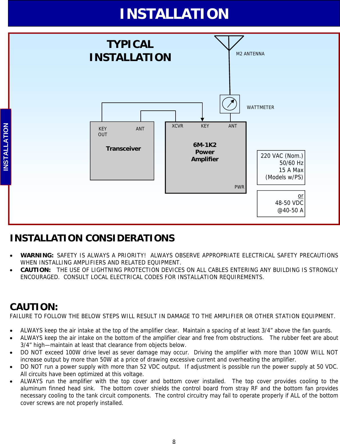  8 INSTALLATION  INSTALLATION Transceiver ANT KEY OUT TYPICAL INSTALLATION INSTALLATION CONSIDERATIONS  •  WARNING:  SAFETY IS ALWAYS A PRIORITY!  ALWAYS OBSERVE APPROPRIATE ELECTRICAL SAFETY PRECAUTIONS WHEN INSTALLING AMPLIFIERS AND RELATED EQUIPMENT. •  CAUTION:  THE USE OF LIGHTNING PROTECTION DEVICES ON ALL CABLES ENTERING ANY BUILDING IS STRONGLY     ENCOURAGED.  CONSULT LOCAL ELECTRICAL CODES FOR INSTALLATION REQUIREMENTS.  TX KEY 6M-1K2 Power  Amplifier  ANT KEY XCVR PWR 220 VAC (Nom.) 50/60 Hz 15 A Max (Models w/PS) or 48-50 VDC @40-50 A WATTMETER M2 ANTENNA  CAUTION: FAILURE TO FOLLOW THE BELOW STEPS WILL RESULT IN DAMAGE TO THE AMPLIFIER OR OTHER STATION EQUIPMENT.  •  ALWAYS keep the air intake at the top of the amplifier clear.  Maintain a spacing of at least 3/4” above the fan guards. •  ALWAYS keep the air intake on the bottom of the amplifier clear and free from obstructions.   The rubber feet are about 3/4” high—maintain at least that clearance from objects below. •  DO NOT exceed 100W drive level as sever damage may occur.  Driving the amplifier with more than 100W WILL NOT   increase output by more than 50W at a price of drawing excessive current and overheating the amplifier.   •  DO NOT run a power supply with more than 52 VDC output.  If adjustment is possible run the power supply at 50 VDC. All circuits have been optimized at this voltage. •  ALWAYS run the amplifier with the top cover and bottom cover installed.  The top cover provides cooling to the        aluminum finned head sink.  The bottom cover shields the control board from stray RF and the bottom fan provides    necessary cooling to the tank circuit components.  The control circuitry may fail to operate properly if ALL of the bottom cover screws are not properly installed. 