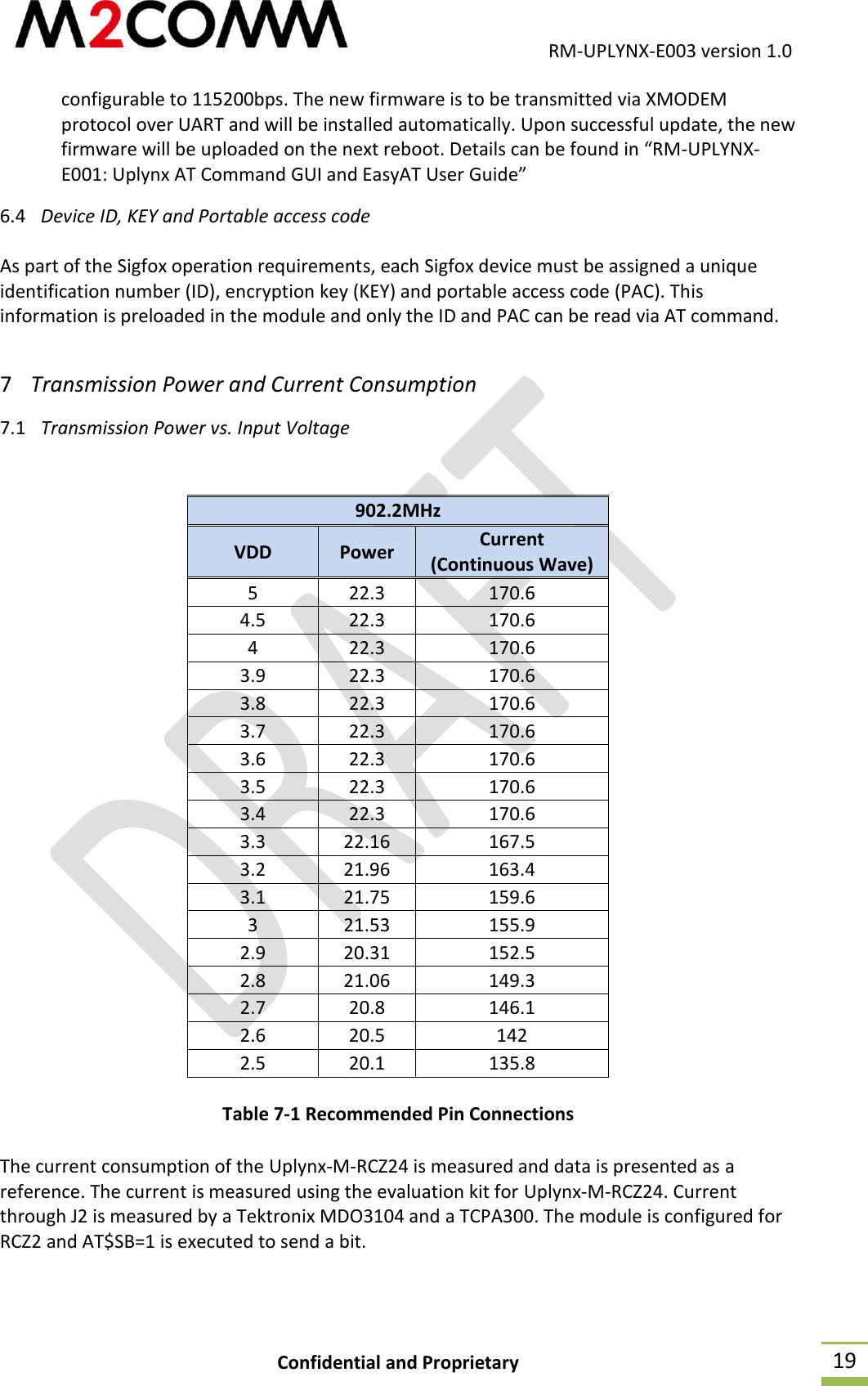                                           RM-UPLYNX-E003 version 1.0 Confidential and Proprietary  19 configurable to 115200bps. The new firmware is to be transmitted via XMODEM protocol over UART and will be installed automatically. Upon successful update, the new firmware will be uploaded on the next reboot. Details can be found in &ldquo;RM-UPLYNX-E001: Uplynx AT Command GUI and EasyAT User Guide&rdquo; 6.4 Device ID, KEY and Portable access code  As part of the Sigfox operation requirements, each Sigfox device must be assigned a unique identification number (ID), encryption key (KEY) and portable access code (PAC). This information is preloaded in the module and only the ID and PAC can be read via AT command. 7 Transmission Power and Current Consumption 7.1 Transmission Power vs. Input Voltage  902.2MHz VDD Power Current (Continuous Wave) 5 22.3 170.6 4.5 22.3 170.6 4 22.3 170.6 3.9 22.3 170.6 3.8 22.3 170.6 3.7 22.3 170.6 3.6 22.3 170.6 3.5 22.3 170.6 3.4 22.3 170.6 3.3 22.16 167.5 3.2 21.96 163.4 3.1 21.75 159.6 3 21.53 155.9 2.9 20.31 152.5 2.8 21.06 149.3 2.7 20.8 146.1 2.6 20.5 142 2.5 20.1 135.8 Table 7-1 Recommended Pin Connections The current consumption of the Uplynx-M-RCZ24 is measured and data is presented as a reference. The current is measured using the evaluation kit for Uplynx-M-RCZ24. Current through J2 is measured by a Tektronix MDO3104 and a TCPA300. The module is configured for RCZ2 and AT$SB=1 is executed to send a bit.   