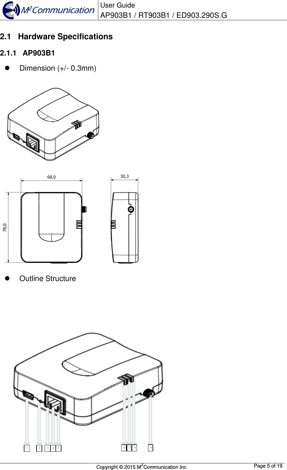  User Guide AP903B1 / RT903B1 / ED903.290S.G        Copyright &copy; 2015 M2Communication Inc  Page 5 of 19   2.1  Hardware Specifications 2.1.1  AP903B1   Dimension (+/- 0.3mm)        Outline Structure  1 2 3 4 5 6 7 8 9  