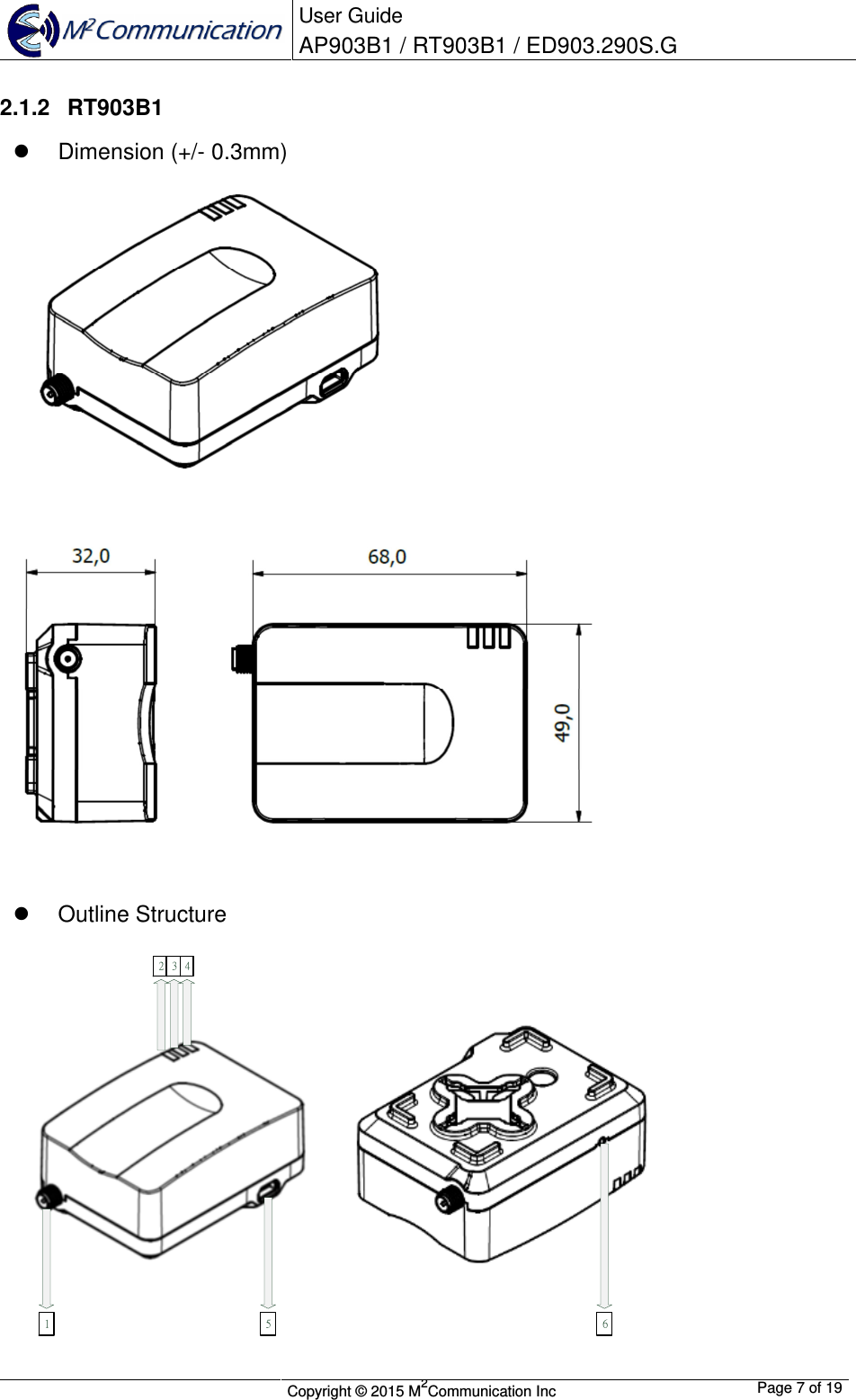 User Guide AP903B1 / RT903B1 / ED903.290S.G        Copyright &copy; 2015 M2Communication Inc  Page 7 of 19   2.1.2  RT903B1   Dimension (+/- 0.3mm)         Outline Structure  1 5 62 3 4  