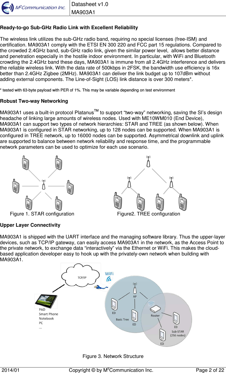 Datasheet v1.0 MA903A1 2014/01  Copyright &copy; by M2Communication Inc.  Page 2 of 22 Ready-to-go Sub-GHz Radio Link with Excellent Reliability The wireless link utilizes the sub-GHz radio band, requiring no special licenses (free-ISM) and certification. MA903A1 comply with the ETSI EN 300 220 and FCC part 15 regulations. Compared to the crowded 2.4GHz band, sub-GHz radio link, given the similar power level,  allows better distance and penetration especially in the hostile indoor environment. In particular, with WiFi and Bluetooth crowding the 2.4GHz band these days, MA903A1 is immune from all 2.4GHz interference and delivers the reliable wireless link. With the data rate of 500kbps in 2FSK, the bandwidth use efficiency is 16x better than 2.4GHz Zigbee (2MHz). MA903A1 can deliver the link budget up to 107dBm without adding external components. The Line-of-Sight (LOS) link distance is over 300 meters*. * tested with 63-byte payload with PER of 1%. This may be variable depending on test environmentRobust Two-way Networking MA903A1 uses a built-in protocol PlatanusTM to support &ldquo;two-way&rdquo; networking, saving the SI&rsquo;s design headache of linking large amounts of wireless nodes. Used with ME10WM010 (End Device), MA903A1 can support two types of network hierarchies: STAR and TREE (as shown below). When MA903A1 is configured in STAR networking, up to 128 nodes can be supported. When MA903A1 is configured in TREE network, up to 16000 nodes can be supported. Asymmetrical downlink and uplink are supported to balance between network reliability and response time, and the programmable network parameters can be used to optimize for each use scenario. Figure 1. STAR configuration   Figure2. TREE configuration Upper Layer Connectivity MA903A1 is shipped with the UART interface and the managing software library. Thus the upper-layer devices, such as TCP/IP gateway, can easily access MA903A1 in the network, as the Access Point to the private network, to exchange data &ldquo;interactively&rdquo; via the Ethernet or WiFi. This makes the cloud-based application developer easy to hook up with the privately-own network when building with MA903A1.  Figure 3. Network Structure 