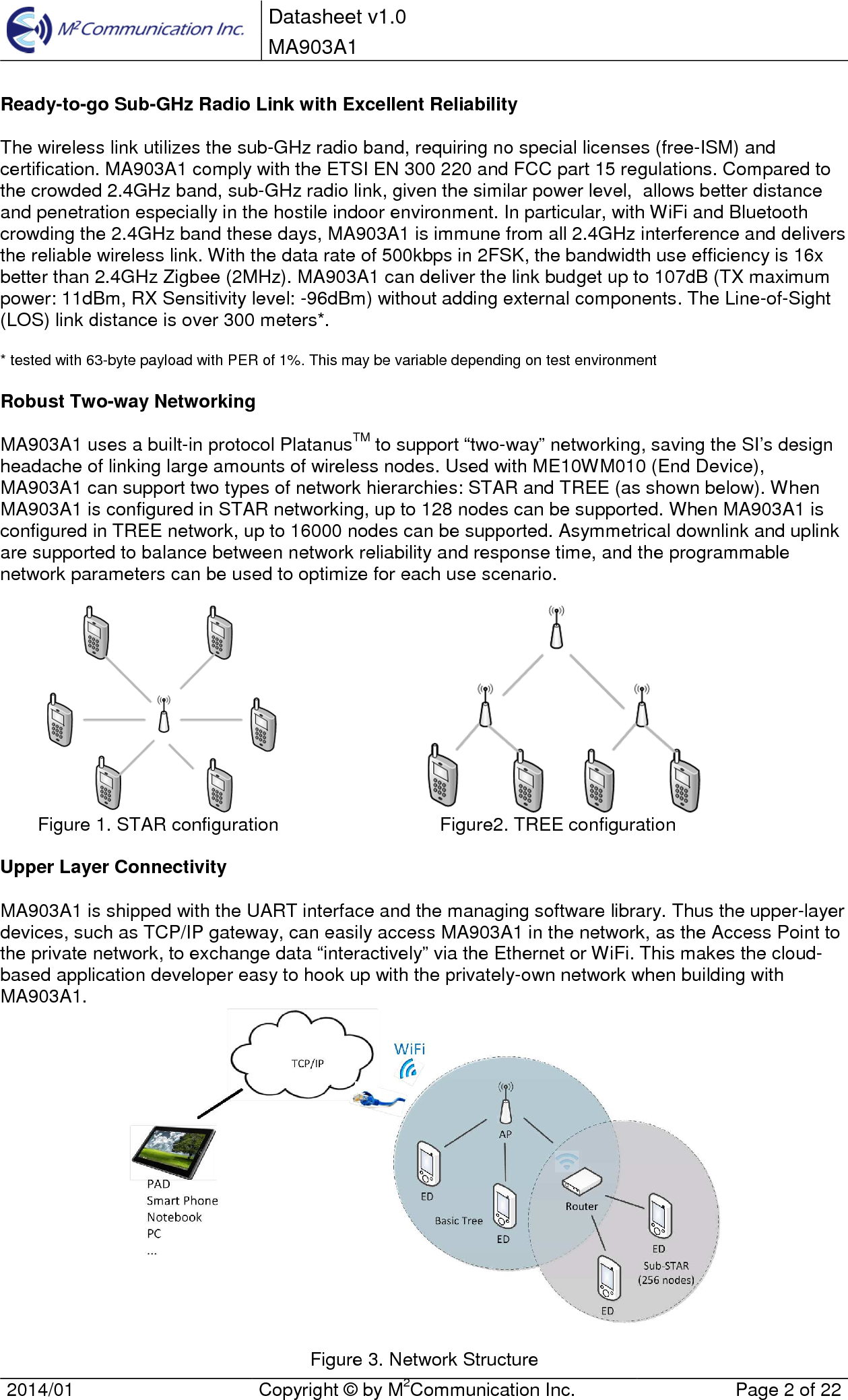 Datasheet v1.0 MA903A1 2014/01  Copyright &copy; by M2Communication Inc.  Page 2 of 22 Ready-to-go Sub-GHz Radio Link with Excellent Reliability The wireless link utilizes the sub-GHz radio band, requiring no special licenses (free-ISM) and certification. MA903A1 comply with the ETSI EN 300 220 and FCC part 15 regulations. Compared to the crowded 2.4GHz band, sub-GHz radio link, given the similar power level,  allows better distance and penetration especially in the hostile indoor environment. In particular, with WiFi and Bluetooth crowding the 2.4GHz band these days, MA903A1 is immune from all 2.4GHz interference and delivers the reliable wireless link. With the data rate of 500kbps in 2FSK, the bandwidth use efficiency is 16x better than 2.4GHz Zigbee (2MHz). MA903A1 can deliver the link budget up to 107dB (TX maximum power: 11dBm, RX Sensitivity level: -96dBm) without adding external components. The Line-of-Sight (LOS) link distance is over 300 meters*. * tested with 63-byte payload with PER of 1%. This may be variable depending on test environmentRobust Two-way Networking MA903A1 uses a built-in protocol PlatanusTM to support &ldquo;two-way&rdquo; networking, saving the SI&rsquo;s design headache of linking large amounts of wireless nodes. Used with ME10WM010 (End Device), MA903A1 can support two types of network hierarchies: STAR and TREE (as shown below). When MA903A1 is configured in STAR networking, up to 128 nodes can be supported. When MA903A1 is configured in TREE network, up to 16000 nodes can be supported. Asymmetrical downlink and uplink are supported to balance between network reliability and response time, and the programmable network parameters can be used to optimize for each use scenario. Figure 1. STAR configuration   Figure2. TREE configuration Upper Layer Connectivity MA903A1 is shipped with the UART interface and the managing software library. Thus the upper-layer devices, such as TCP/IP gateway, can easily access MA903A1 in the network, as the Access Point to the private network, to exchange data &ldquo;interactively&rdquo; via the Ethernet or WiFi. This makes the cloud-based application developer easy to hook up with the privately-own network when building with MA903A1.  Figure 3. Network Structure 