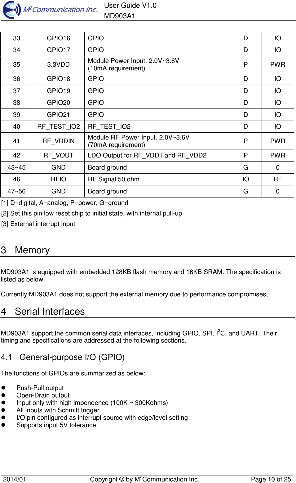  User Guide V1.0 MD903A1    2014/01  Copyright &copy; by M2Communication Inc.  Page 10 of 25   33  GPIO16  GPIO  D  IO 34  GPIO17  GPIO  D  IO 35  3.3VDD  Module Power Input. 2.0V~3.6V (10mA requirement)  P  PWR 36  GPIO18  GPIO  D  IO 37  GPIO19  GPIO  D  IO 38  GPIO20  GPIO  D  IO 39  GPIO21  GPIO  D  IO 40  RF_TEST_IO2 RF_TEST_IO2  D  IO 41  RF_VDDIN  Module RF Power Input. 2.0V~3.6V (70mA requirement)  P  PWR 42  RF_VOUT  LDO Output for RF_VDD1 and RF_VDD2  P  PWR 43~45  GND  Board ground  G  0 46  RFIO  RF Signal 50 ohm  IO  RF 47~56  GND  Board ground  G  0 [1] D=digital, A=analog, P=power, G=ground [2] Set this pin low reset chip to initial state, with internal pull-up [3] External interrupt input  3  Memory MD903A1 is equipped with embedded 128KB flash memory and 16KB SRAM. The specification is listed as below.  Currently MD903A1 does not support the external memory due to performance compromises, 4  Serial Interfaces MD903A1 support the common serial data interfaces, including GPIO, SPI, I2C, and UART. Their timing and specifications are addressed at the following sections. 4.1  General-purpose I/O (GPIO) The functions of GPIOs are summarized as below:    Push-Pull output   Open-Drain output   Input only with high impendence (100K ~ 300Kohms)   All inputs with Schmitt trigger   I/O pin configured as interrupt source with edge/level setting   Supports input 5V tolerance 