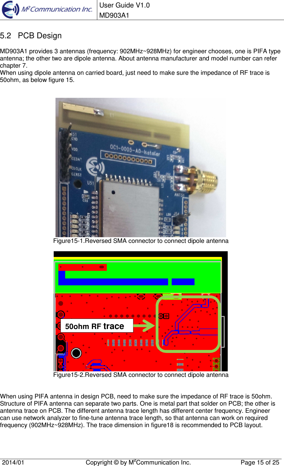 User Guide V1.0 MD903A1    2014/01  Copyright &copy; by M2Communication Inc.  Page 15 of 25   5.2  PCB Design MD903A1 provides 3 antennas (frequency: 902MHz~928MHz) for engineer chooses, one is PIFA type antenna; the other two are dipole antenna. About antenna manufacturer and model number can refer chapter 7. When using dipole antenna on carried board, just need to make sure the impedance of RF trace is 50ohm, as below figure 15.    Figure15-1.Reversed SMA connector to connect dipole antenna   Figure15-2.Reversed SMA connector to connect dipole antenna   When using PIFA antenna in design PCB, need to make sure the impedance of RF trace is 50ohm. Structure of PIFA antenna can separate two parts. One is metal part that solder on PCB; the other is antenna trace on PCB. The different antenna trace length has different center frequency. Engineer can use network analyzer to fine-tune antenna trace length, so that antenna can work on required frequency (902MHz~928MHz). The trace dimension in figure18 is recommended to PCB layout.  50ohm RF trace 