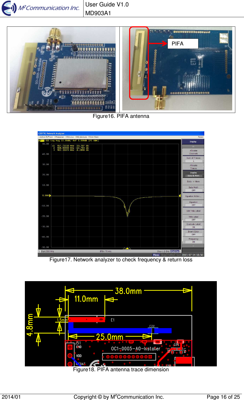  User Guide V1.0 MD903A1    2014/01  Copyright &copy; by M2Communication Inc.  Page 16 of 25     Figure16. PIFA antenna    Figure17. Network analyzer to check frequency &amp; return loss     Figure18. PIFA antenna trace dimension   PIFA 