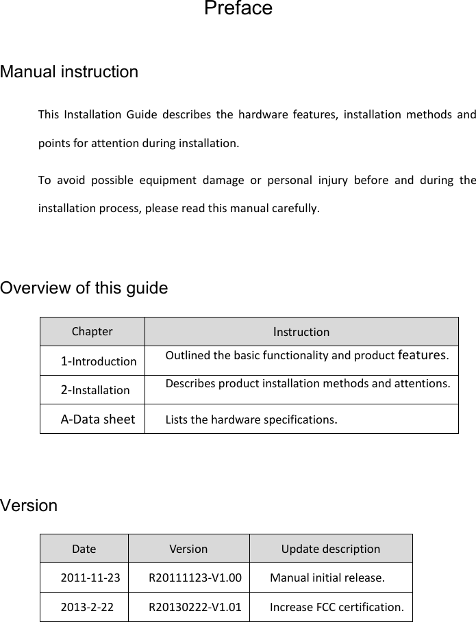   Preface Manual instruction This Installation Guide describes the hardware features, installation methods and points for attention during installation. To avoid possible equipment damage or personal injury before and during the installation process, please read this manual carefully.  Overview of this guide Chapter Instruction 1-Introduction Outlined the basic functionality and product features. 2-Installation Describes product installation methods and attentions. A-Data sheet Lists the hardware specifications.  Version Date   Version Update description   2011-11-23  R20111123-V1.00  Manual initial release. 2013-2-22  R20130222-V1.01  Increase FCC certification.  