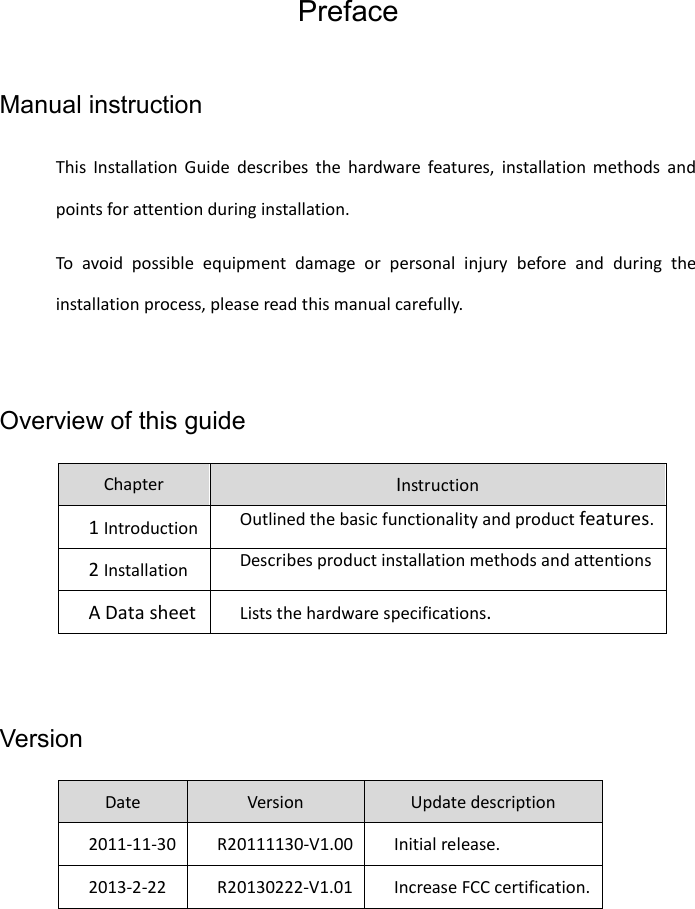   Preface Manual instruction This Installation Guide describes the hardware features, installation methods and points for attention during installation. To avoid possible equipment damage or personal injury before and during the installation process, please read this manual carefully.  Overview of this guide Chapter Instruction 1 Introduction Outlined the basic functionality and product features. 2 Installation Describes product installation methods and attentions A Data sheet Lists the hardware specifications.  Version Date   Version Update description   2011-11-30  R20111130-V1.00  Initial release. 2013-2-22  R20130222-V1.01  Increase FCC certification.  