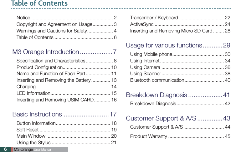 6 M3 Orange User ManualTable of ContentsNotice ............................................................ 2Copyright and Agreement on Usage ............... 3Warnings and Cautions for Safety ................... 4Table of Contents ........................................... 6 M3 Orange Introduction ..................7Speciﬁcation and Characteristics .................... 8Product Conﬁguration ................................... 10Name and Function of Each Part .................. 11Inserting and Removing the Battery .............. 13Charging ...................................................... 14LED Information ............................................ 15Inserting and Removing USIM CARD ............ 16 Basic Instructions .........................17Button Information ........................................ 18Soft Reset .................................................... 19Main Window  .............................................. 20Using the Stylus ........................................... 21Transcriber / Keyboard ................................. 22ActiveSync ................................................... 24Inserting and Removing Micro SD Card ........ 28 Usage for various functions ...........29Using Mobile phone ...................................... 30Using Internet ............................................... 34Using Camera .............................................. 36Using Scanner .............................................. 38Bluetooth communication ............................. 40 Breakdown Diagnosis ...................41Breakdown Diagnosis ................................... 42 Customer Support &amp; A/S ..............43Customer Support &amp; A/S  ............................. 44Product Warranty ......................................... 45