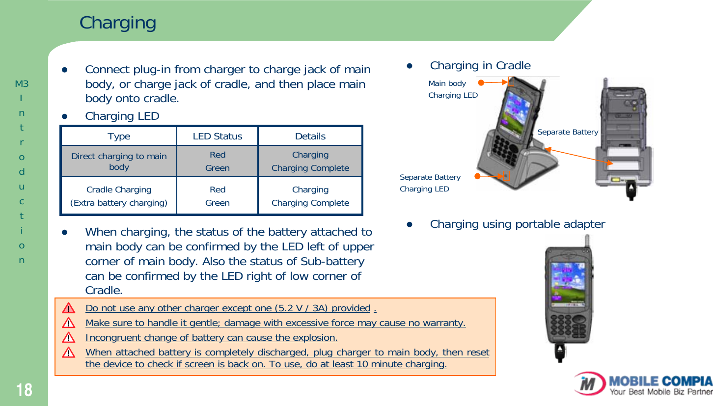 18ChargingzConnect plug-in from charger to charge jack of main body, or charge jack of cradle, and then place main body onto cradle.zCharging LEDzWhen charging, the status of the battery attached to main body can be confirmed by the LED left of upper corner of main body. Also the status of Sub-battery can be confirmed by the LED right of low corner of Cradle.Type LED Status DetailsDirect charging to main body RedGreen ChargingCharging CompleteCradle Charging(Extra battery charging) RedGreen ChargingCharging CompletezCharging in CradlezCharging using portable adapterSeparate BatteryMain body Charging LEDSeparate BatteryCharging LEDDo not use any other charger except one (5.2 V / 3A) provided .Make sure to handle it gentle; damage with excessive force may cause no warranty.Incongruent change of battery can cause the explosion.When attached battery is completely discharged, plug charger to main body, then reset the device to check if screen is back on. To use, do at least 10 minute charging. M3Introduction