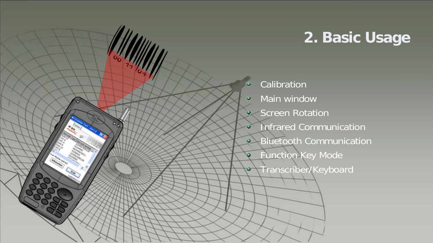 212. Basic UsageCalibrationMain windowScreen RotationInfrared CommunicationBluetooth CommunicationFunction Key ModeTranscriber/Keyboard