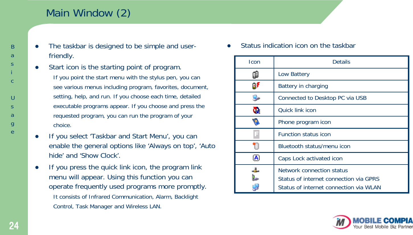 24Main Window (2)zThe taskbar is designed to be simple and user-friendly.zStart icon is the starting point of program.If you point the start menu with the stylus pen, you cansee various menus including program, favorites, document,setting, help, and run. If you choose each time, detailedexecutable programs appear. If you choose and press therequested program, you can run the program of yourchoice.zIf you select ‘Taskbar and Start Menu’, you can enable the general options like ‘Always on top’, ‘Auto hide’ and ‘Show Clock’.zIf you press the quick link icon, the program link menu will appear. Using this function you can operate frequently used programs more promptly.It consists of Infrared Communication, Alarm, Backlight Control, Task Manager and Wireless LAN.Icon DetailsLow BatteryBattery in chargingConnected to Desktop PC via USBQuick link iconPhone program iconFunction status iconBluetooth status/menu iconCaps Lock activated iconNetwork connection statusStatus of internet connection via GPRSStatus of internet connection via WLAN zStatus indication icon on the taskbarBasicUsage