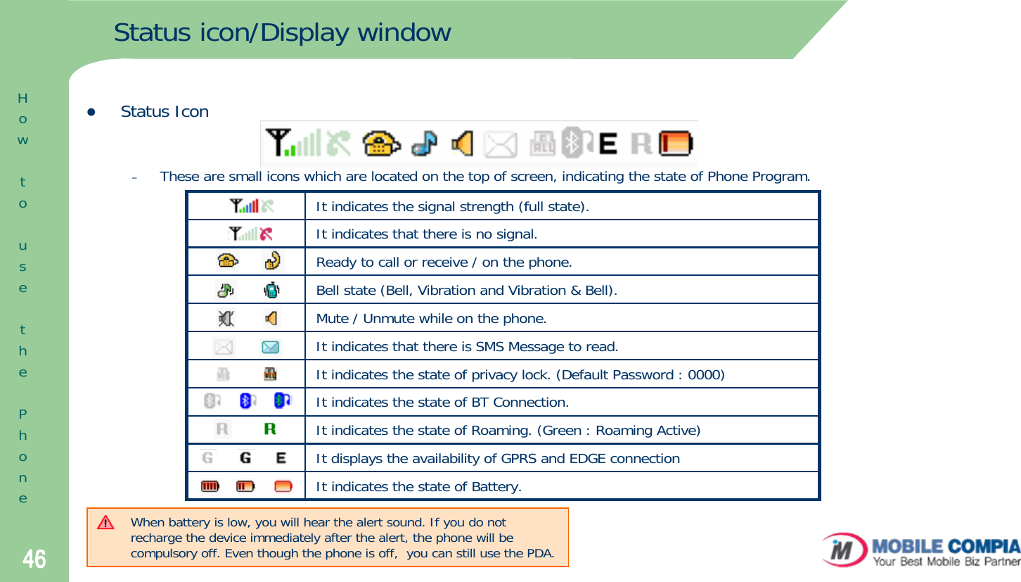 46Status icon/Display windowzStatus Icon–These are small icons which are located on the top of screen, indicating the state of Phone Program. When battery is low, you will hear the alert sound. If you do not recharge the device immediately after the alert, the phone will be compulsory off. Even though the phone is off,  you can still use the PDA. HowtousethePhoneIt indicates the signal strength (full state).It indicates that there is no signal.Ready to call or receive / on the phone.Bell state (Bell, Vibration and Vibration &amp; Bell).Mute / Unmute while on the phone. It indicates that there is SMS Message to read. It indicates the state of privacy lock. (Default Password : 0000)It indicates the state of BT Connection.It indicates the state of Roaming. (Green : Roaming Active)It displays the availability of GPRS and EDGE connectionIt indicates the state of Battery. 