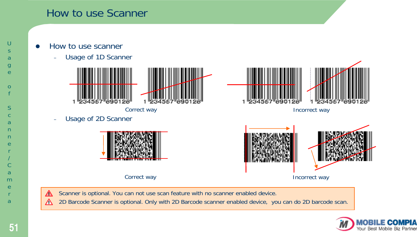 51How to use ScannerzHow to use scanner–Usage of 1D Scanner–Usage of 2D ScannerUsageofScanner/CameraCorrect way Incorrect wayScanner is optional. You can not use scan feature with no scanner enabled device. 2D Barcode Scanner is optional. Only with 2D Barcode scanner enabled device,  you can do 2D barcode scan.Correct way Incorrect way