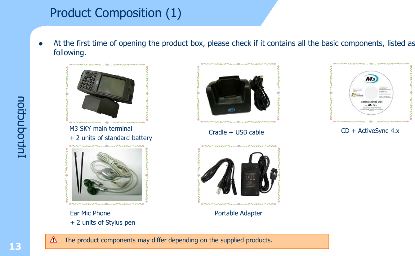 Product Composition (1)lAt the first time of opening the product box, please check if it contains all the basic components, listed as following.IntroductionM3 SKY main terminal + 2 units of standard battery Cradle + USB cable CD + ActiveSync 4.xEar Mic Phone + 2 units of Stylus penPortable Adapter13 The product components may differ depending on the supplied products.