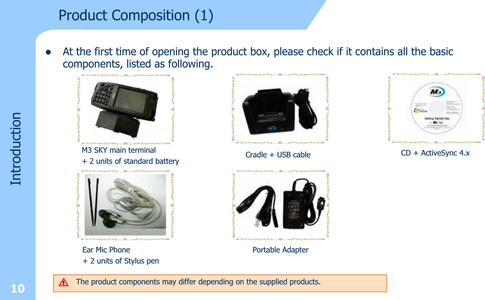 Product Composition (1)zAt the first time of opening the product box, please check if it contains all the basic components, listed as following.IntroductionM3 SKY main terminal + 2 units of standard battery Cradle + USB cable CD + ActiveSync 4.xEar Mic Phone + 2 units of Stylus penPortable Adapter10 The product components may differ depending on the supplied products.