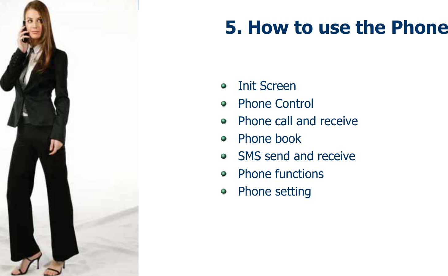 445. How to use the PhoneInit ScreenPhone ControlPhone call and receive Phone bookSMS send and receive Phone functionsPhone setting