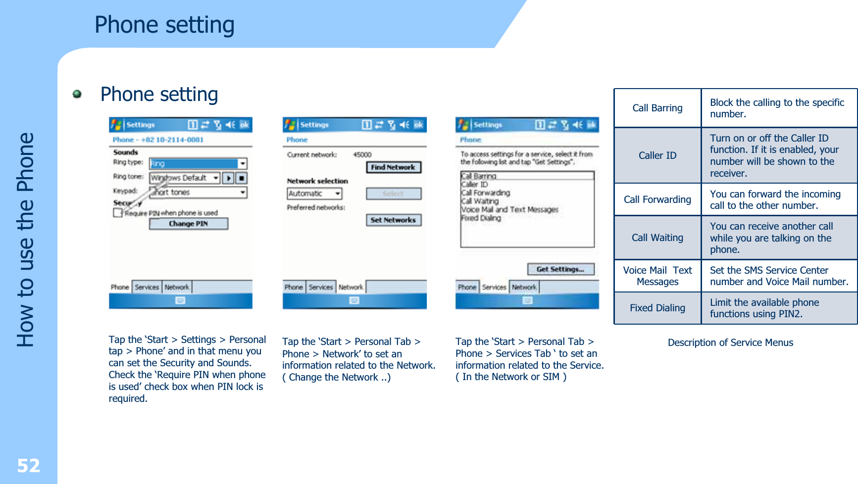 Phone settingPhone setting52How to use the PhoneTap the ‘Start &gt; Settings &gt; Personaltap &gt; Phone’ and in that menu you can set the Security and Sounds.Check the ‘Require PIN when phone is used’ check box when PIN lock isrequired.Tap the ‘Start &gt; Personal Tab &gt; Phone &gt; Network’ to set an information related to the Network.( Change the Network ..)Tap the ‘Start &gt; Personal Tab &gt;Phone &gt; Services Tab ‘ to set aninformation related to the Service.( In the Network or SIM )Call Barring Block the calling to the specific number.Caller IDTurn on or off the Caller ID function. If it is enabled, your number will be shown to the receiver. Call Forwarding You can forward the incoming call to the other number.Call WaitingYou can receive another call while you are talking on the phone.Voice Mail  Text MessagesSet the SMS Service Center number and Voice Mail number.Fixed Dialing Limit the available phone functions using PIN2.Description of Service Menus